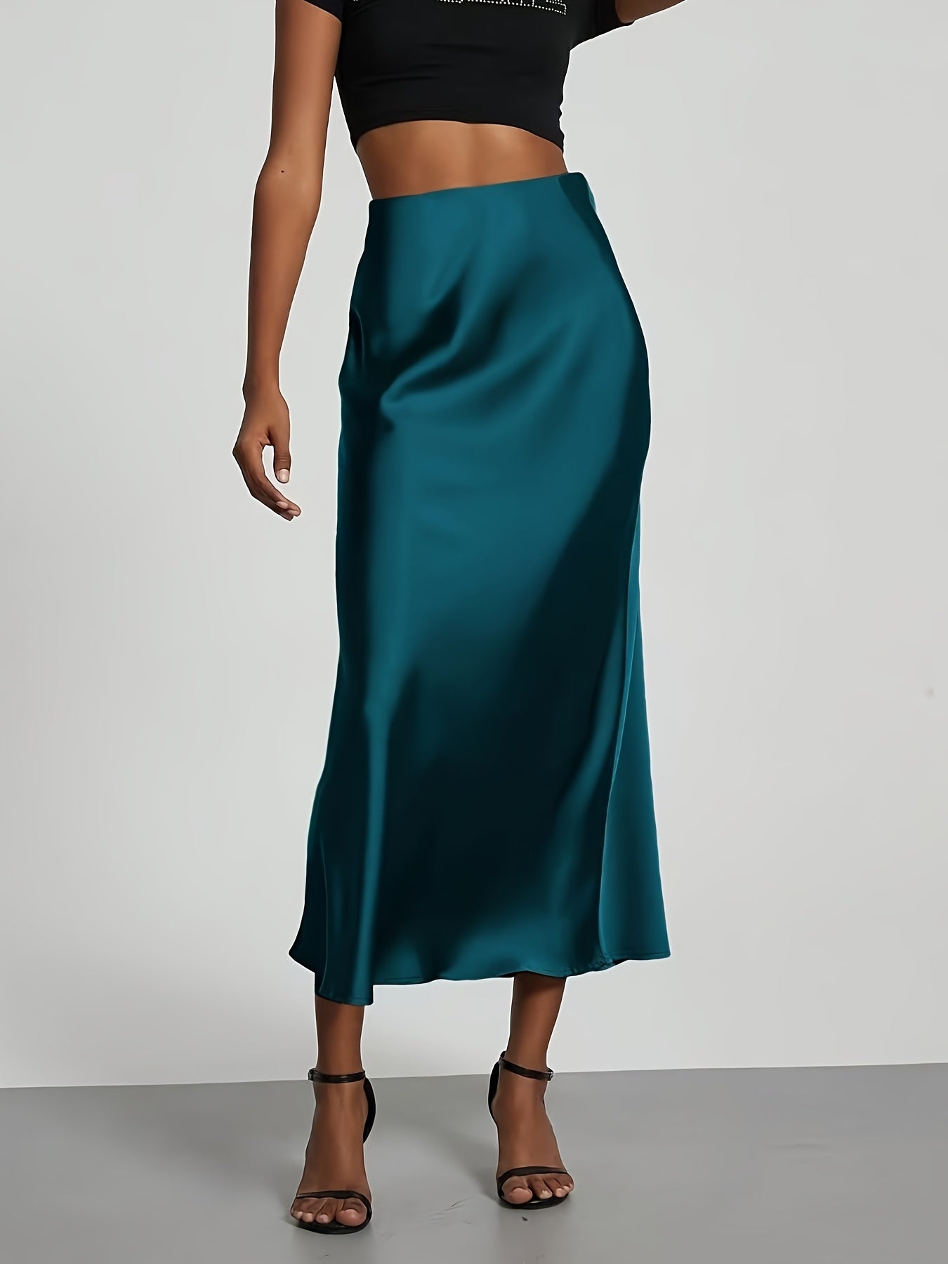 Women's High-Waist Satin Midi Skirt - Elegant Solid Black, Flared Design, Perfect for Dates & Work, All-Season Polyester Skirt, Office Wear Skirt | Flared Skirt Style | Quality Construction