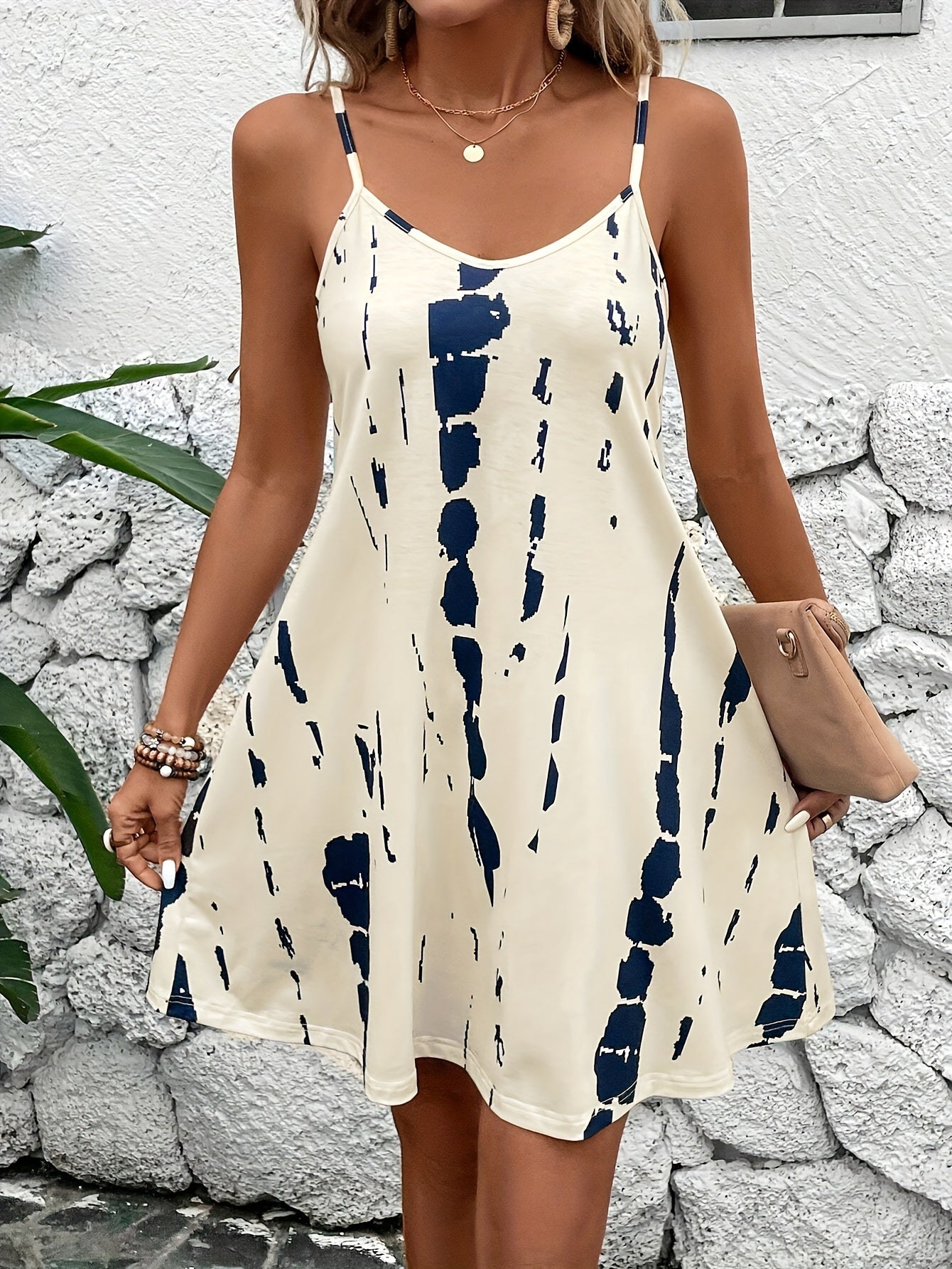 Red Printed Knit Fabric Casual Dress for Women with Spaghetti Straps