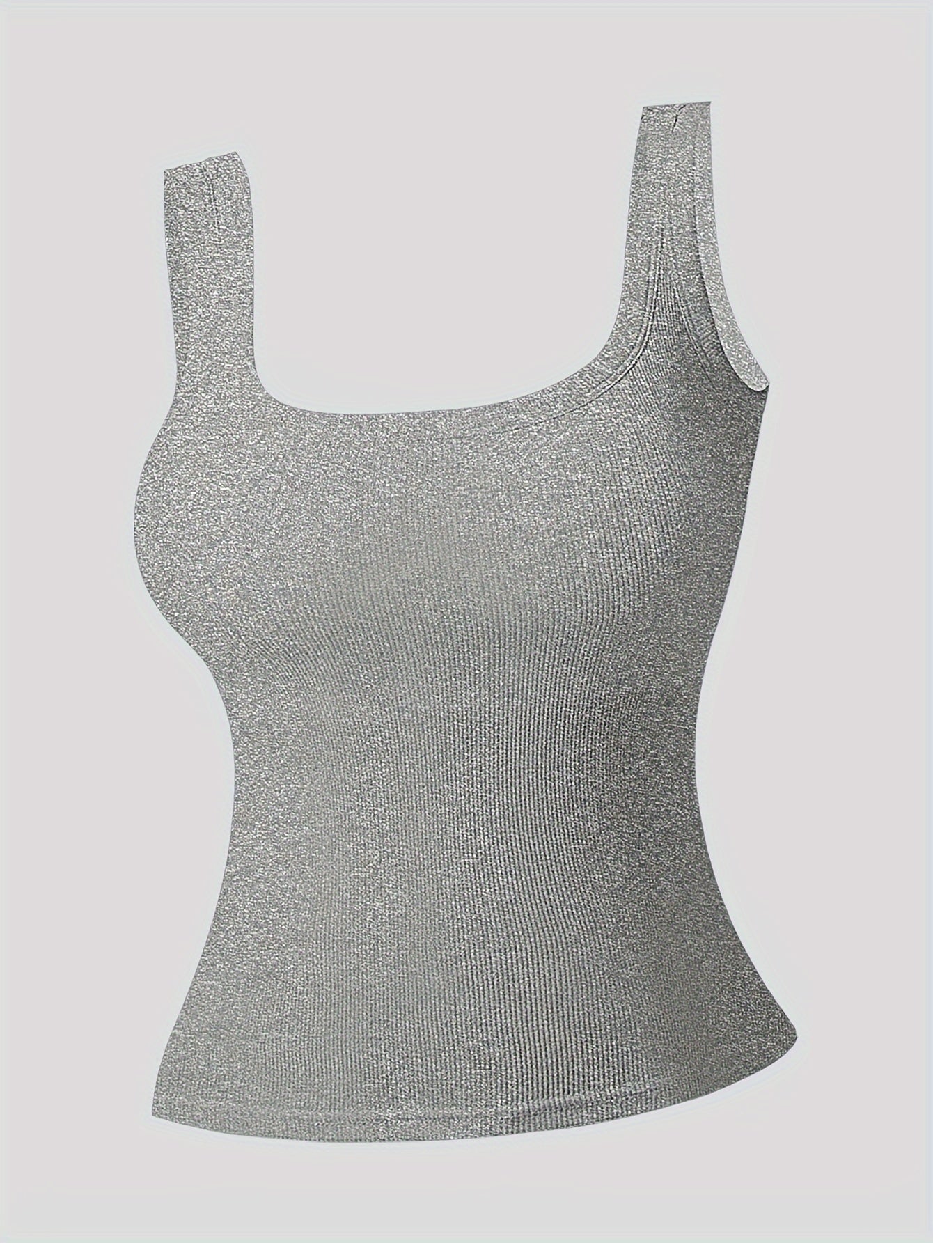 Simple Solid Square Neck Tank Top, All-match Ribbed Vest Top With Removable Chest Pad, Women's Lingerie & Underwear