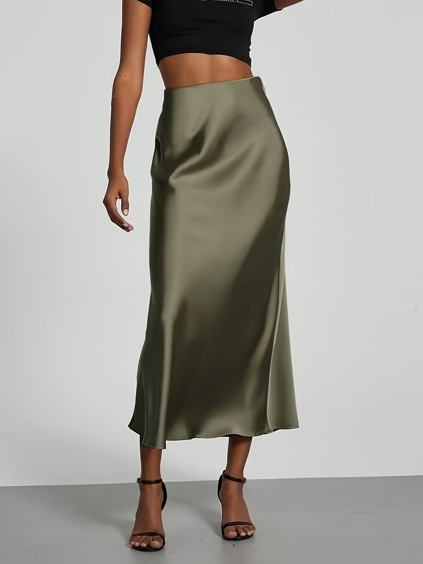 Women's High-Waist Satin Midi Skirt - Elegant Solid Black, Flared Design, Perfect for Dates & Work, All-Season Polyester Skirt, Office Wear Skirt | Flared Skirt Style | Quality Construction