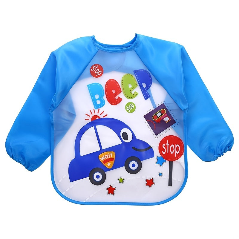 PEVA Baby Bibs with Long Sleeves - High Quality, Easy-Clean, No-Wash Needed, Soft & Durable Infant feeding, Mealtime, Travel - for Babies, Toddlers, Kids - Red with Fun Designs (Cars, Animals, Letters) - Parent-Friendly Bibs for Everyday & Special Occasio