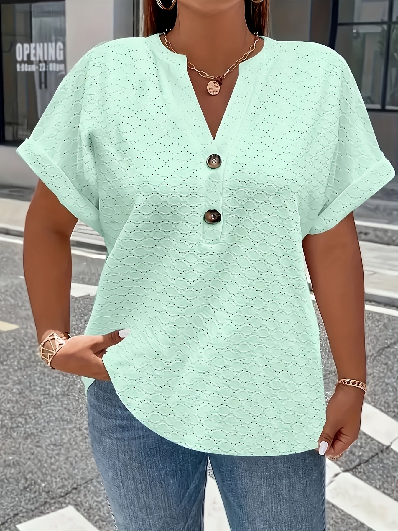 Women'S Light Green V-Neck Blouse with Button Details - Casual Short Sleeve Top for Spring/Summer, Soft Polyester Fabric, Elegant Solid Color Design, Versatile Blouse | Vneck Blouse | Elastane Comfort Fit