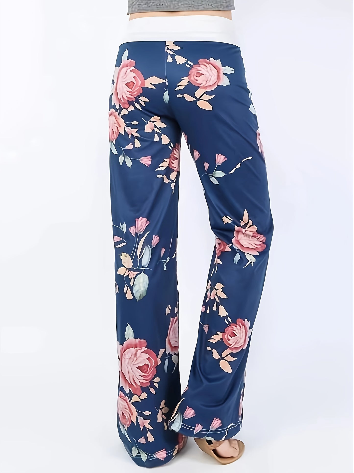 Plus Size - Women'S Plus Size Floral Print Wide Leg Pants with Drawstring Waist - Stretchy & Comfortable Casual Lounge Pajama Pants for Spring/Summer/Fall, Relaxed Fit Pants | Wide Leg Pants | Drawstring Detail