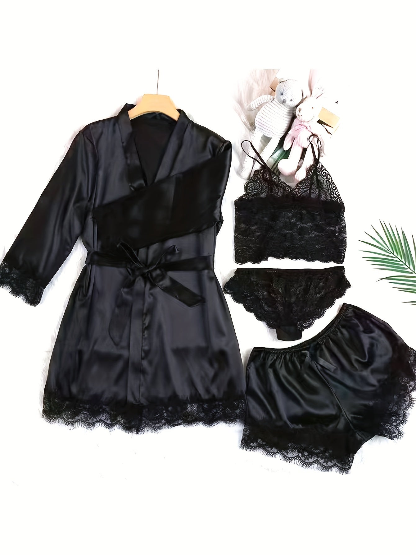Elegant Satin Contrast Lace Lounge Set, Three Quarter Sleeve Robe With Belt & Cami Bra & Panty & Elastic Shorts, Women's Loungewear