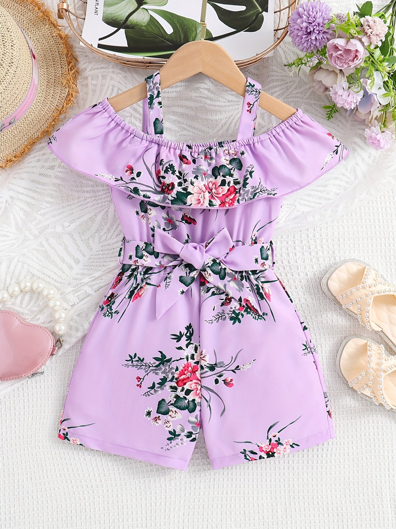 HWMFSNHFZ Girls' Off-Shoulder Floral Print Jumpsuit with Ruffled Sleeves & Waist Bow - Vibrant Pink & Green Summer Casual Outfit, Short Sleeveless Dress for Playdates & Outings, Playful Design, Comfortable Fit, for Outdoor