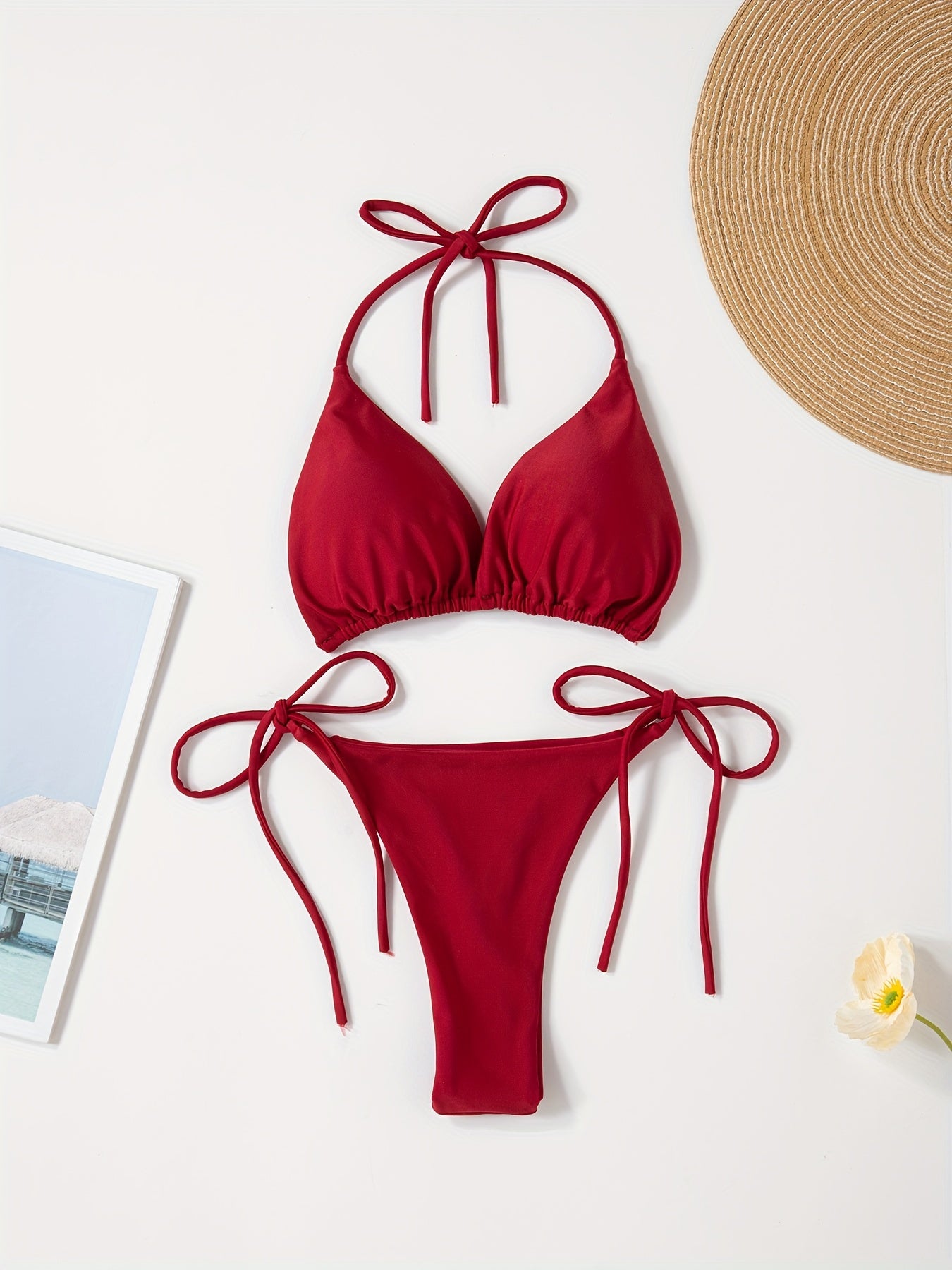Women'S Sexy Bikini Swimsuit - V-Neck Sleeveless High-Stretch Solid Color with Adjustable Tie-Back Straps, Tummy Control Design for Beach & Pool, Summer Swimwear, Beach Swimwear, Poolside Attire, Sexy Swimwear, Highelasticity Fabric