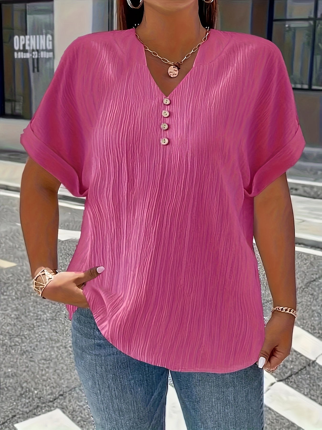 Plus Size, Women's Plus Size New European and American Spring/Summer Short Sleeve Button Solid Color Elegant Casual T-Shirt