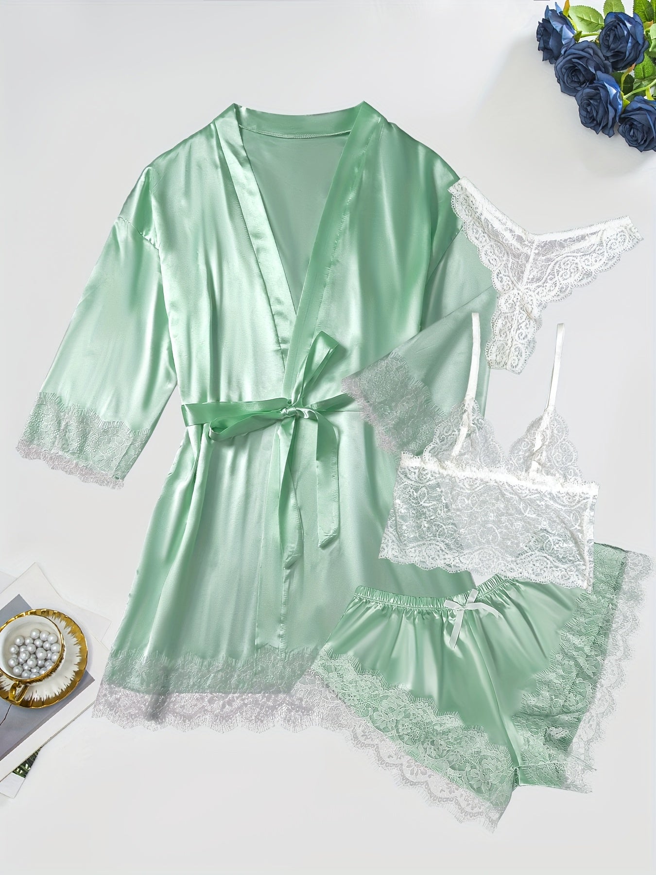 Women'S Fashion Casual Satin Shapewear Pajama Set, Deep V Neck, Solid Color, All-Season, with Contrast Lace Detail, Belted, Adult Size, Elegant Nightwear|Satin Finish|Lace Detailing, Pajamas for Women