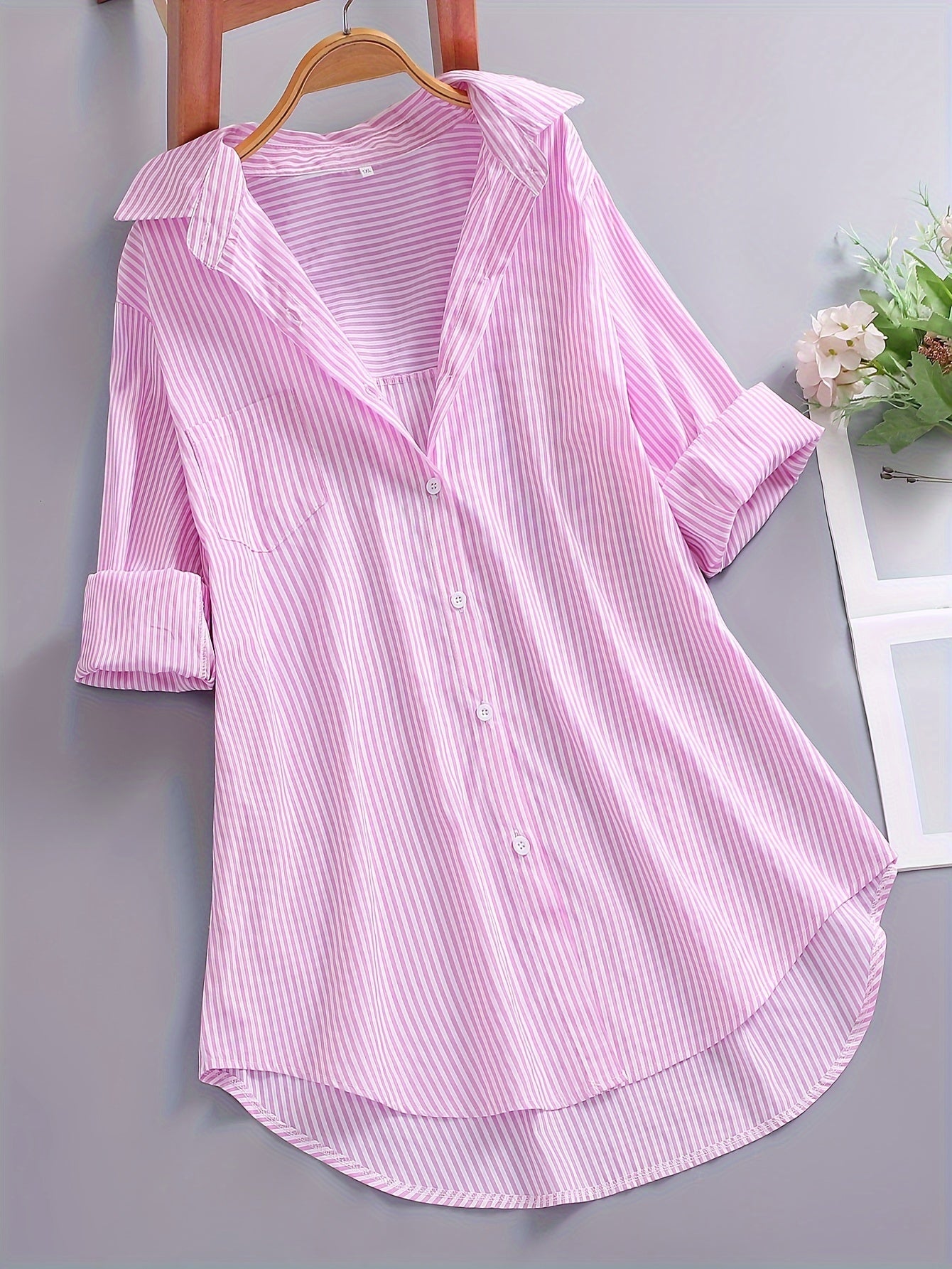 Plus Size - Women'S Plus Size Casual Striped Long Sleeve Shirt - Loose Fit Pointed Collar Button-Up Top with Vertical Stripes, Lightweight Non-Stretch Fabric for Spring Summer Fall, Versatile for Casual & Formal Wear, Seasonal Fashion, Classic Stripe Patt