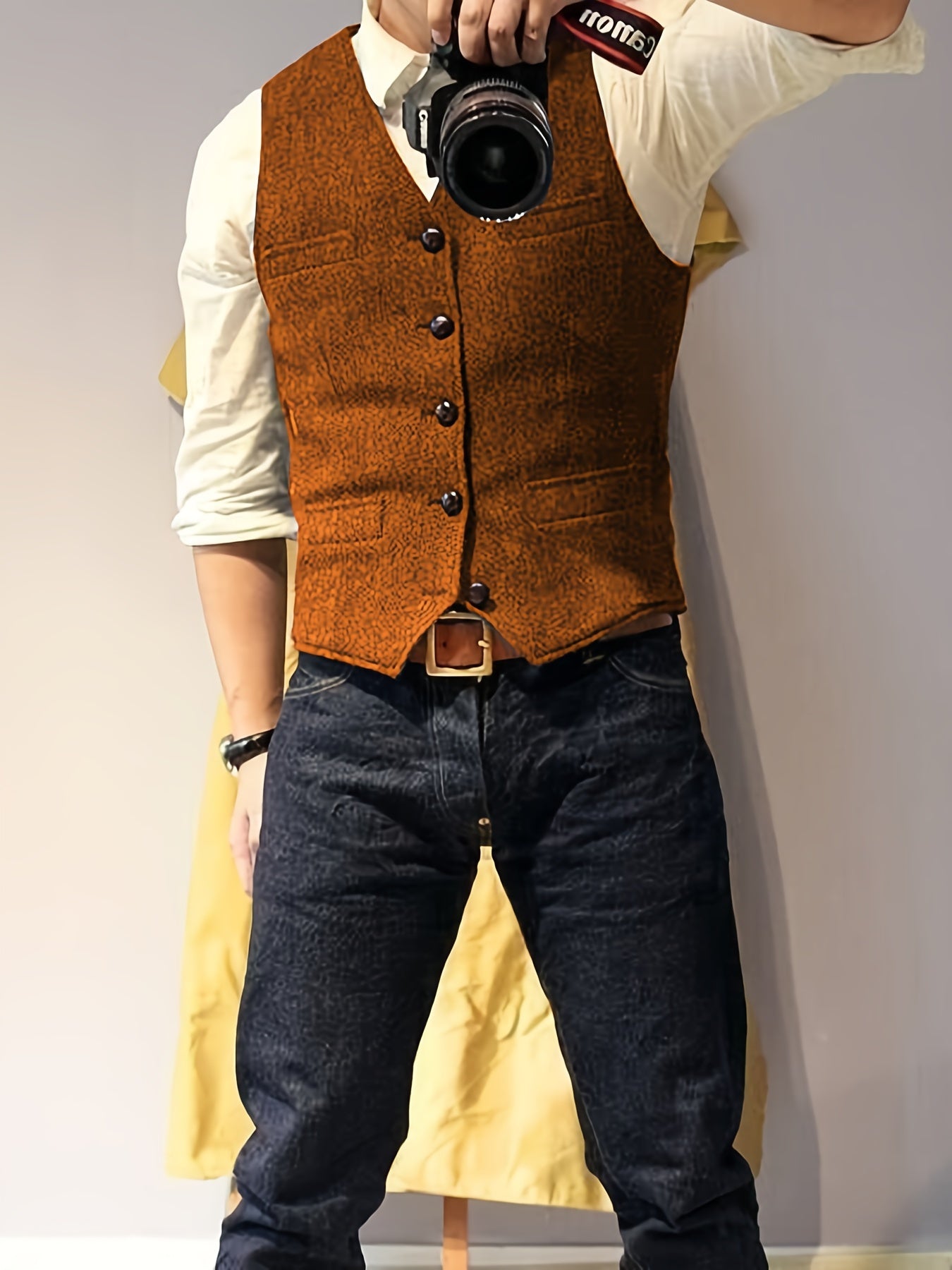 Men's Vintage Herringbone Tweed Vest - Western Cowboy Style, Gray Wool Blend with Button Front & Side Pockets for Weddings, Parties, Golf, Fishing, and Hunting
