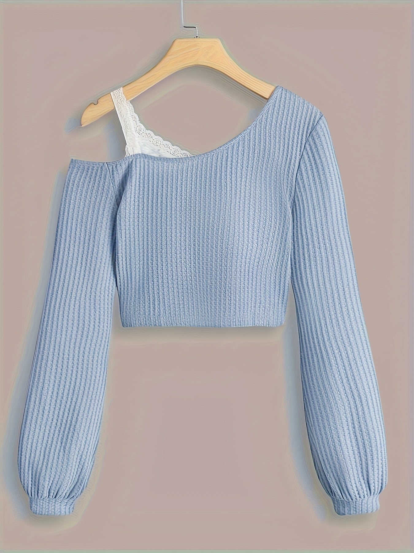 Elegant Light Blue Off-Shoulder Lace Trim T-Shirt - Floral Print, Long Sleeve, Ribbed Texture, Machine Washable - Chic Spring & Autumn Women's Top