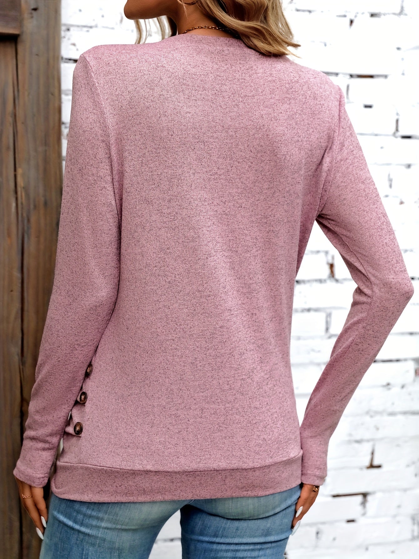 Women's Elegant Long Sleeve Top - Soft Round Neck Button-Up Blouse, Machine Washable Solid Color Shirt for Spring & Fall, Versatile Casual to Formal Wear, Transitional Season Clothing, Sophisticated Pullover, Durable Knitwear