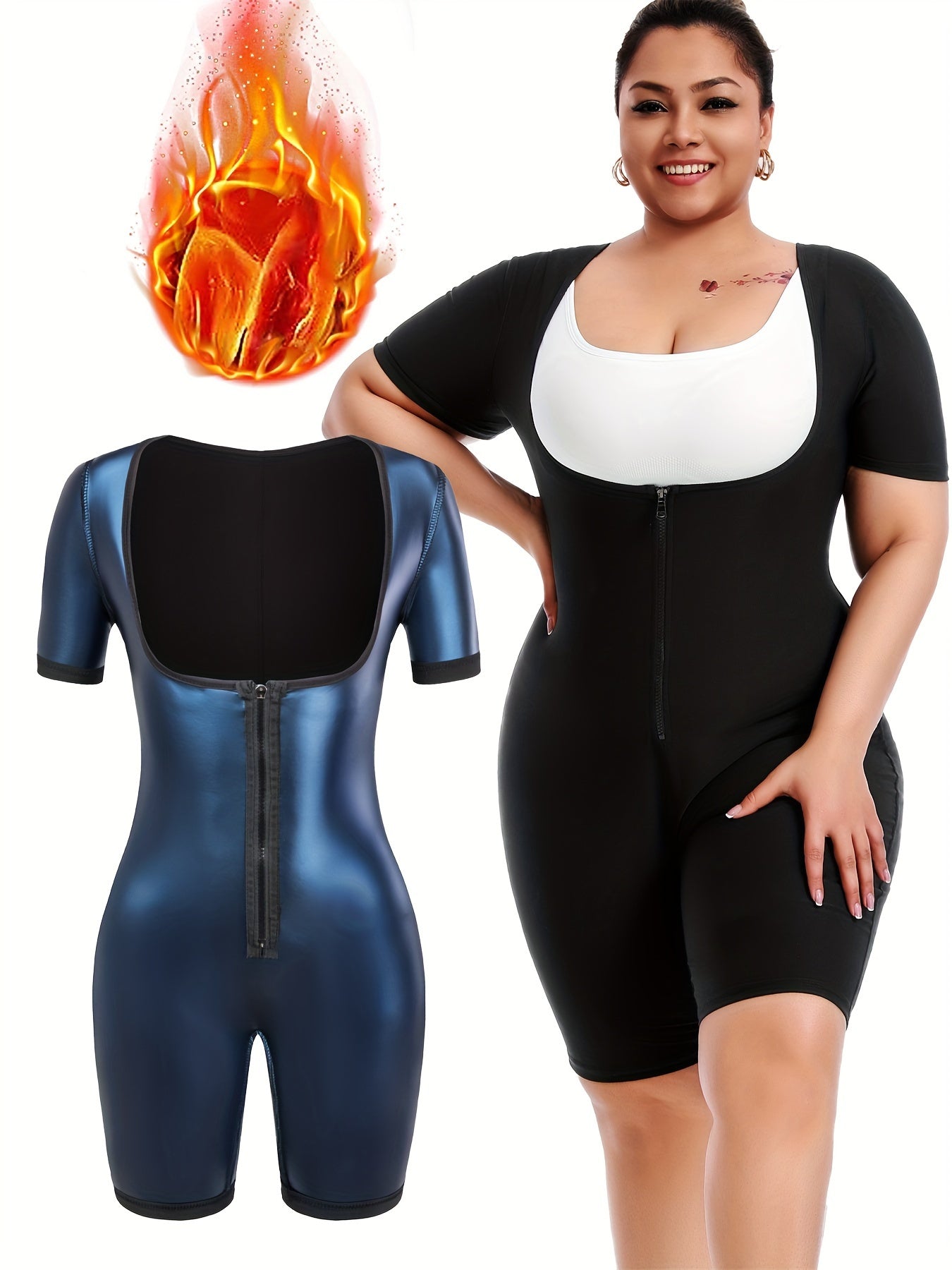 Short-sleeved Plus-size Women's Bodysuit With Zipper For Sweating During Running, Fitness, Yoga, Body Shaping, Waist Slimming, And Hip Lifting.