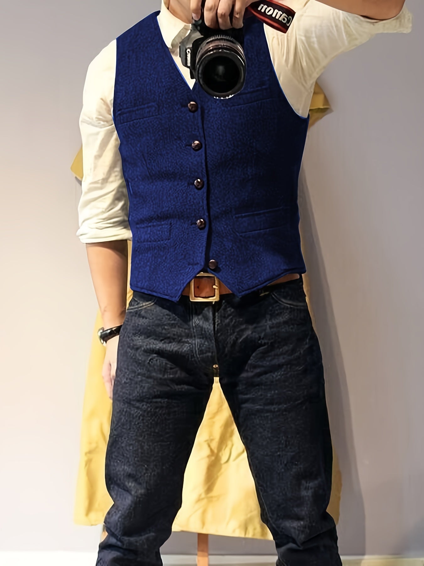 Men's Vintage Herringbone Tweed Vest - Western Cowboy Style, Gray Wool Blend with Button Front & Side Pockets for Weddings, Parties, Golf, Fishing, and Hunting