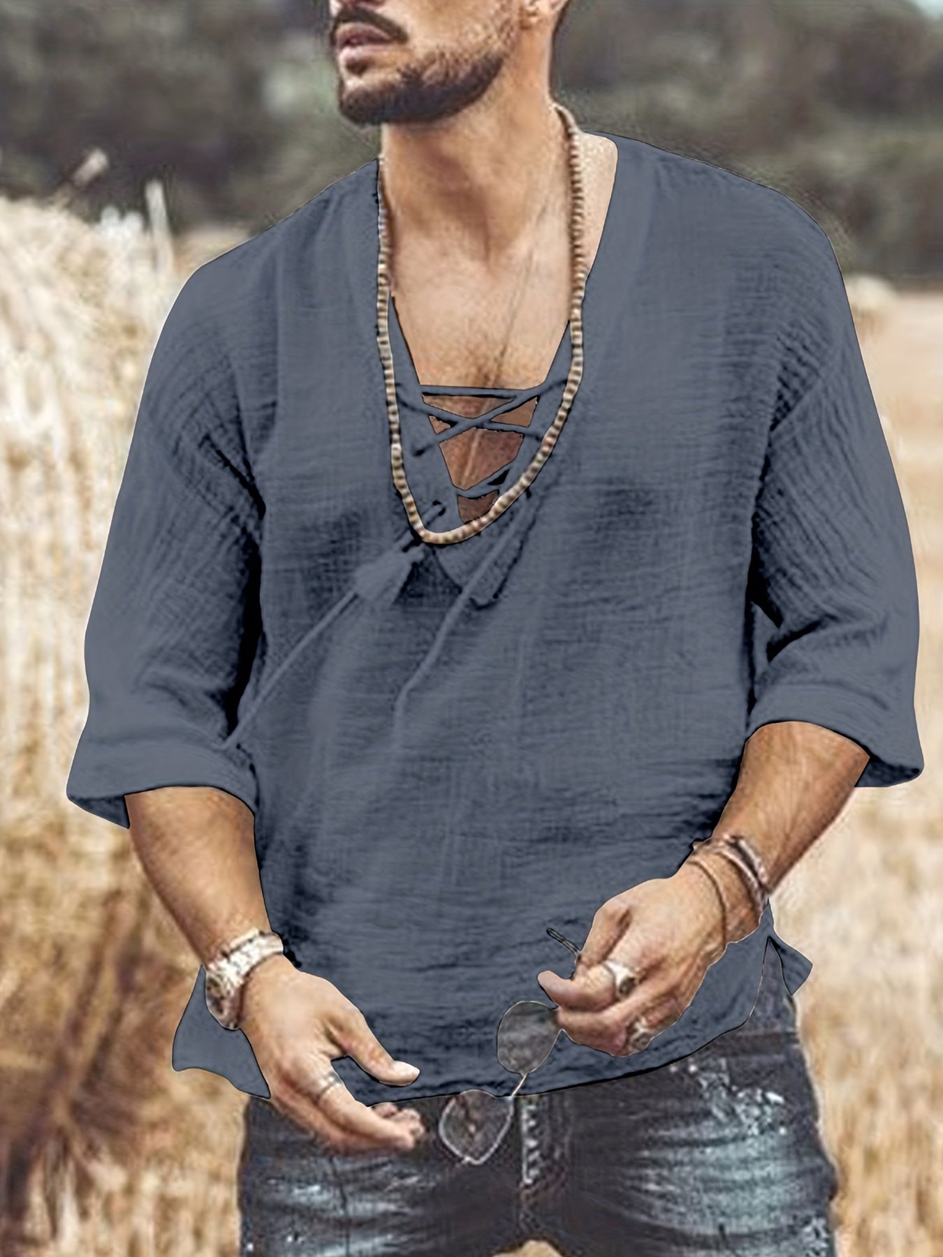 Men's Summer Casual V-Neck Breathable Short-Sleeve Fashion Drawstring Solid Color T-Shirt with Wrinkle Fabric