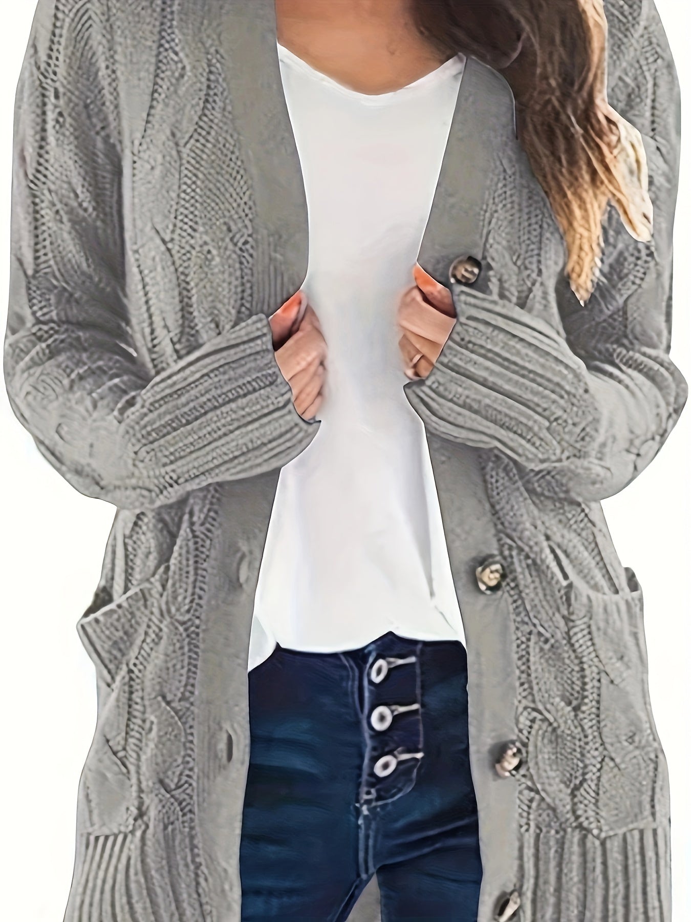 Plus Size Casual Cardigan, Women's Plus Cable Knit Long Sleeve Button Up High Stretch Cardigan With Pockets