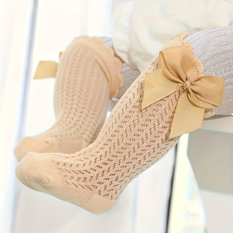 1 Pair Girls' Elegant Floral-like Bow accent - Breathable Openwork Stockings, All-Season Formal & Everyday Legwear - Easy On/Off for Toddlers & Kids (Hand Wash Only) - Birthday Party Outfit Essentials