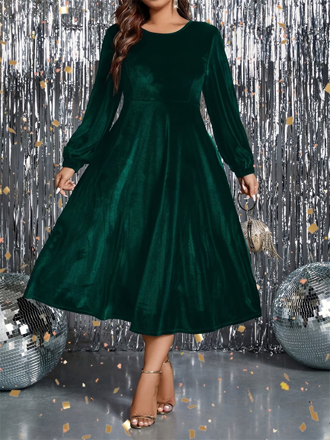 Elegant Plus Size Long Sleeve Midi Dress with Lantern Sleeves and Flared Skirt - Non-Stretch, Machine Washable Velvet, Perfect for Formal Events, Parties, and Casual Outings, Plus Size Dress
