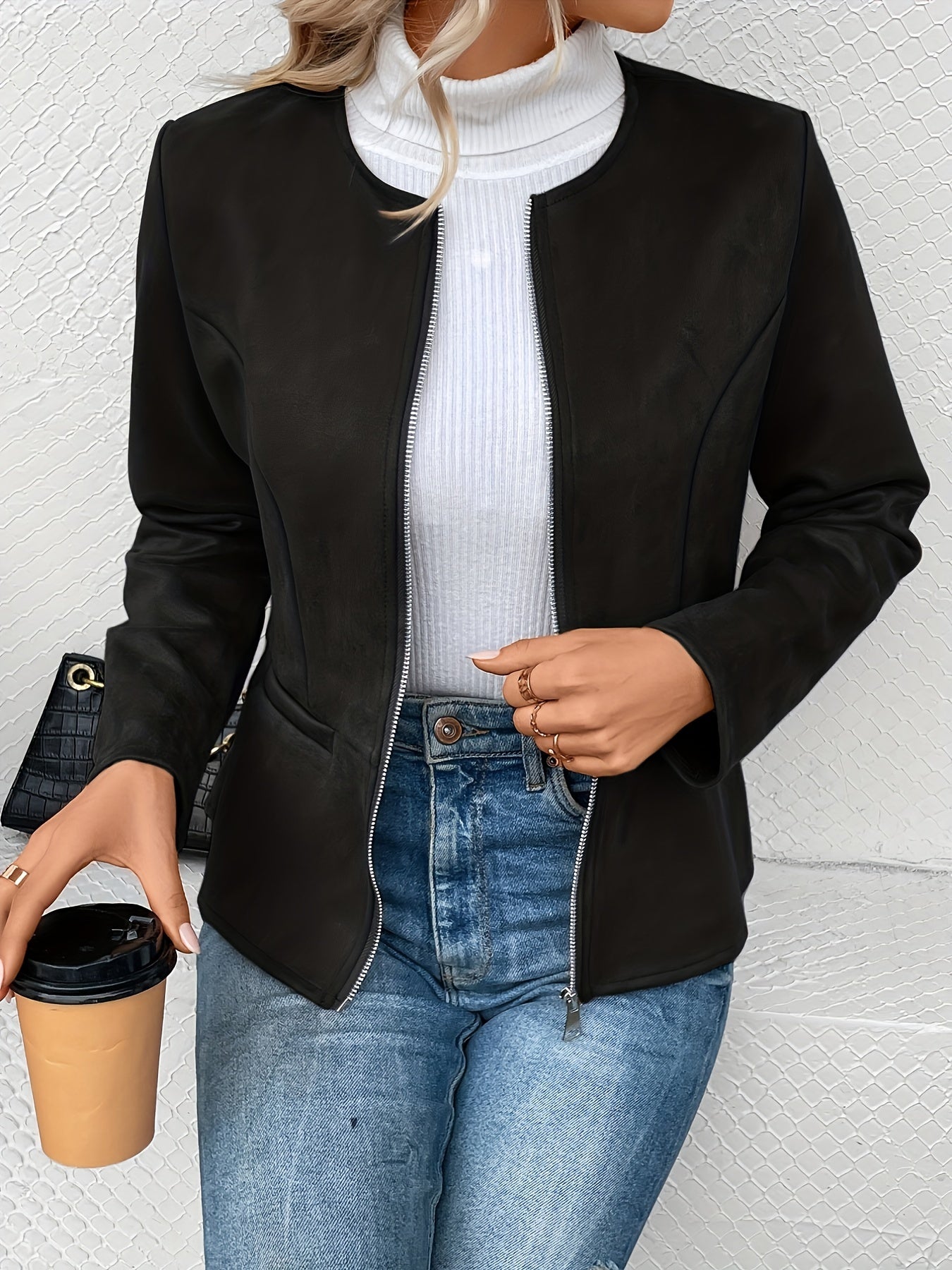 Women'S Stylish Round Neck Fitted Long Sleeve Cardigan with a Short Zip-Up Jacket.