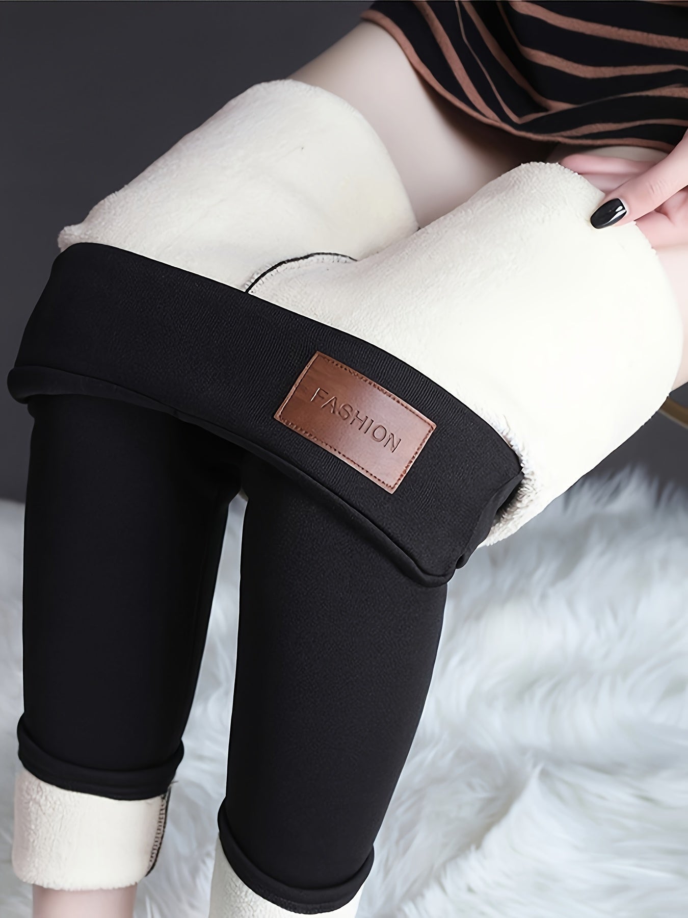 Women's High-Waisted Thermal Leggings - Non-Slip Waistband, Stretchy Winter Pants for Cold Weather, Office,, Everyday - Machine Washable (Black/Beige/) - Plus Size Friendly, Fleece Lined Leggings, Cold Weather Apparel, Fashionable Comfort Wear, Snug Fit D