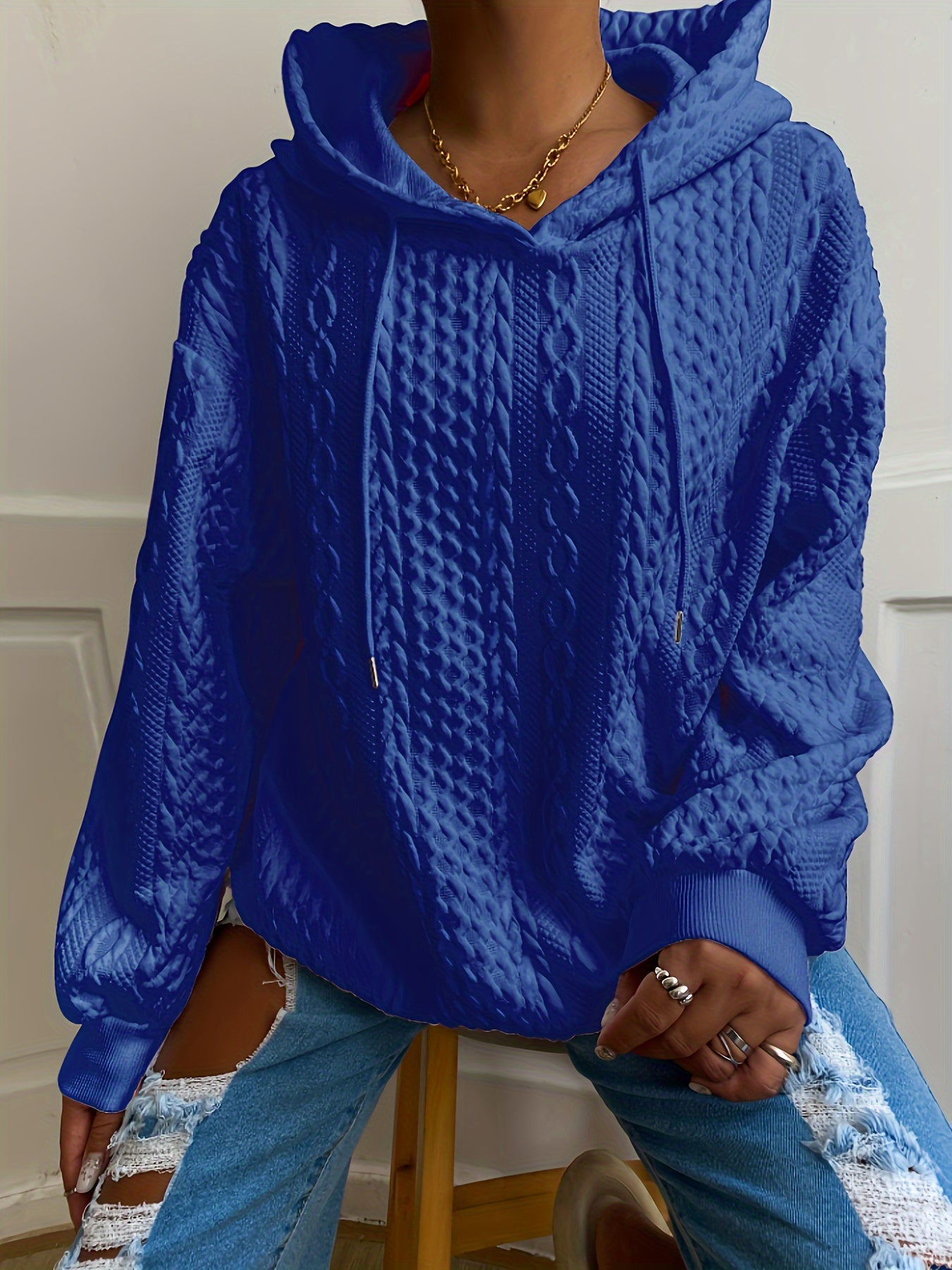 Women's Casual Lounge Top, Plus Size Solid Textured Long Sleeve Drawstring Home Wear Hoodie