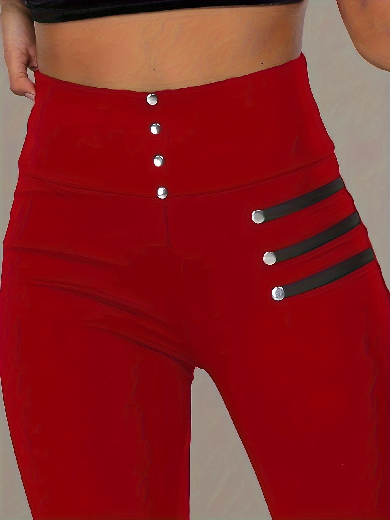 Women's High-Waisted Skinny Casual Pants with Faux Button Detail - Stretchy Polyester, Dark Blue, Machine Washable, Comfort Fit for Casual Attire