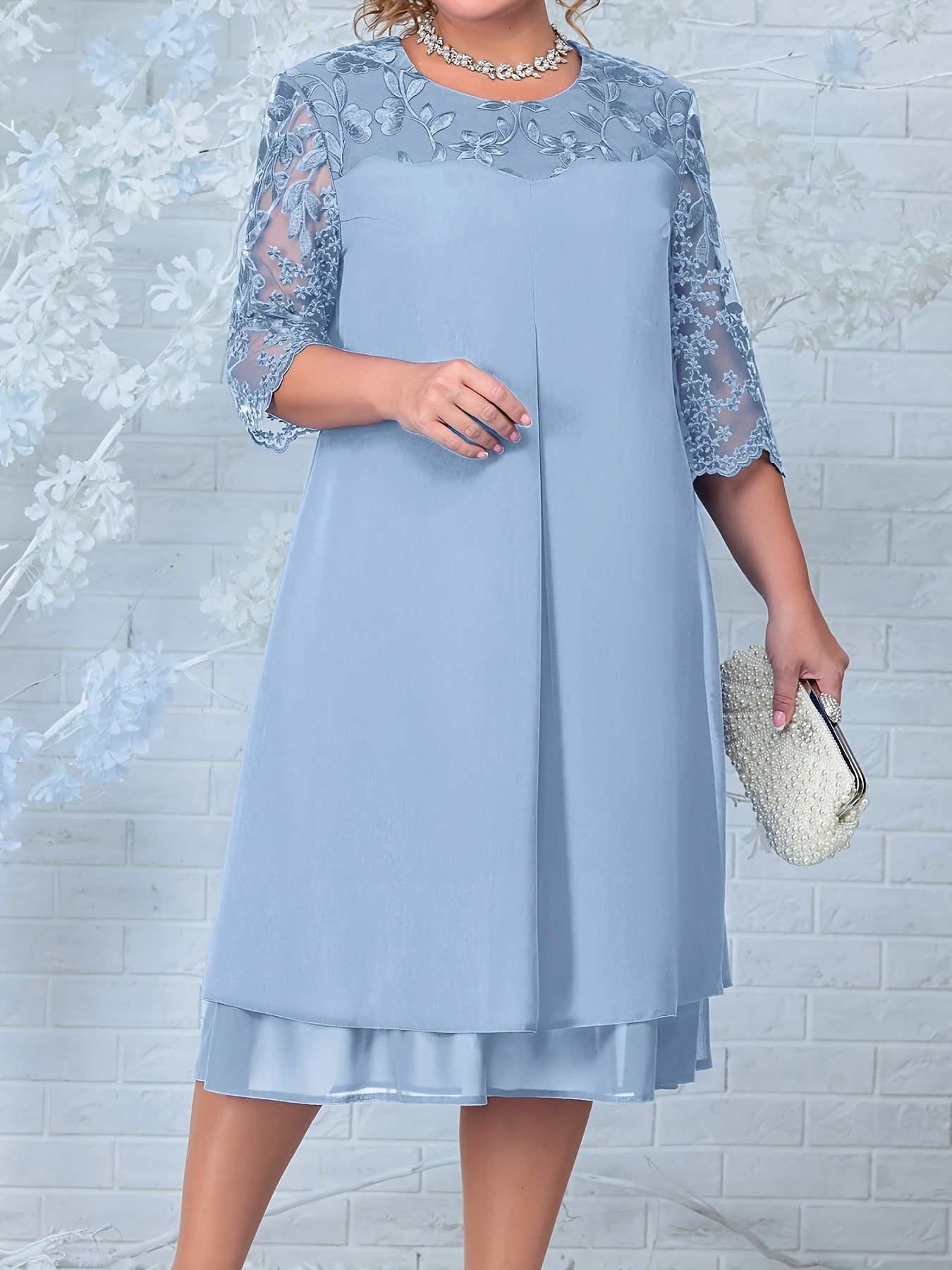 Elegant Plus Size Embroidered Chiffon Midi Dress - Blue, Half Sleeve, Crew Neck, Knee-Length, Perfect for Weddings & Casual Outings, Wedding Dresses for Bride