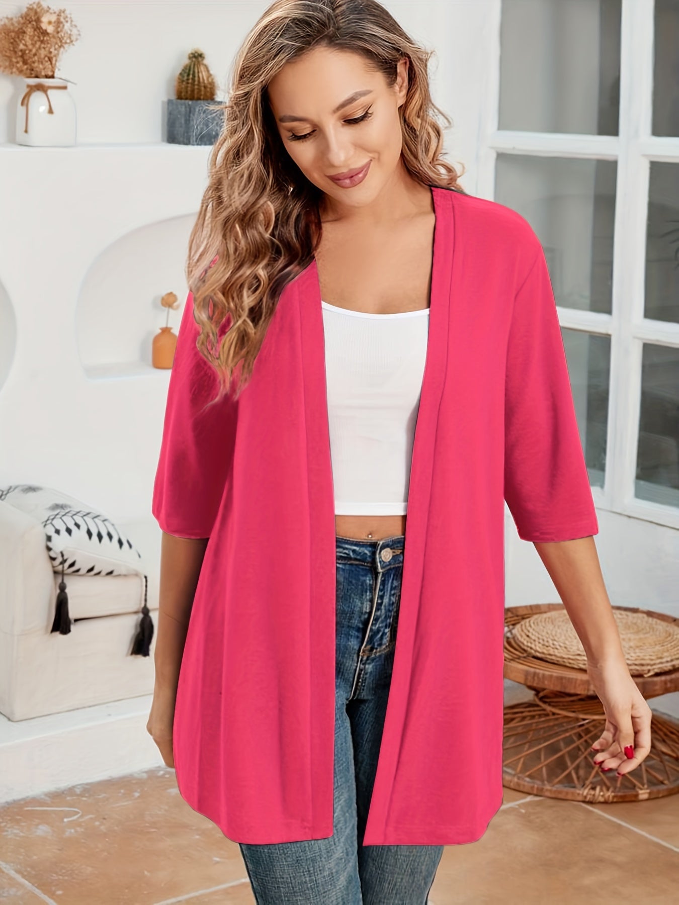 Elegant Plus Size Women's Cardigan - Chic Solid Color, Half Sleeve, Open Front with High Stretch Fabric, Perfect for Fall/Winter - Machine Washable, Plus Size Cardigan