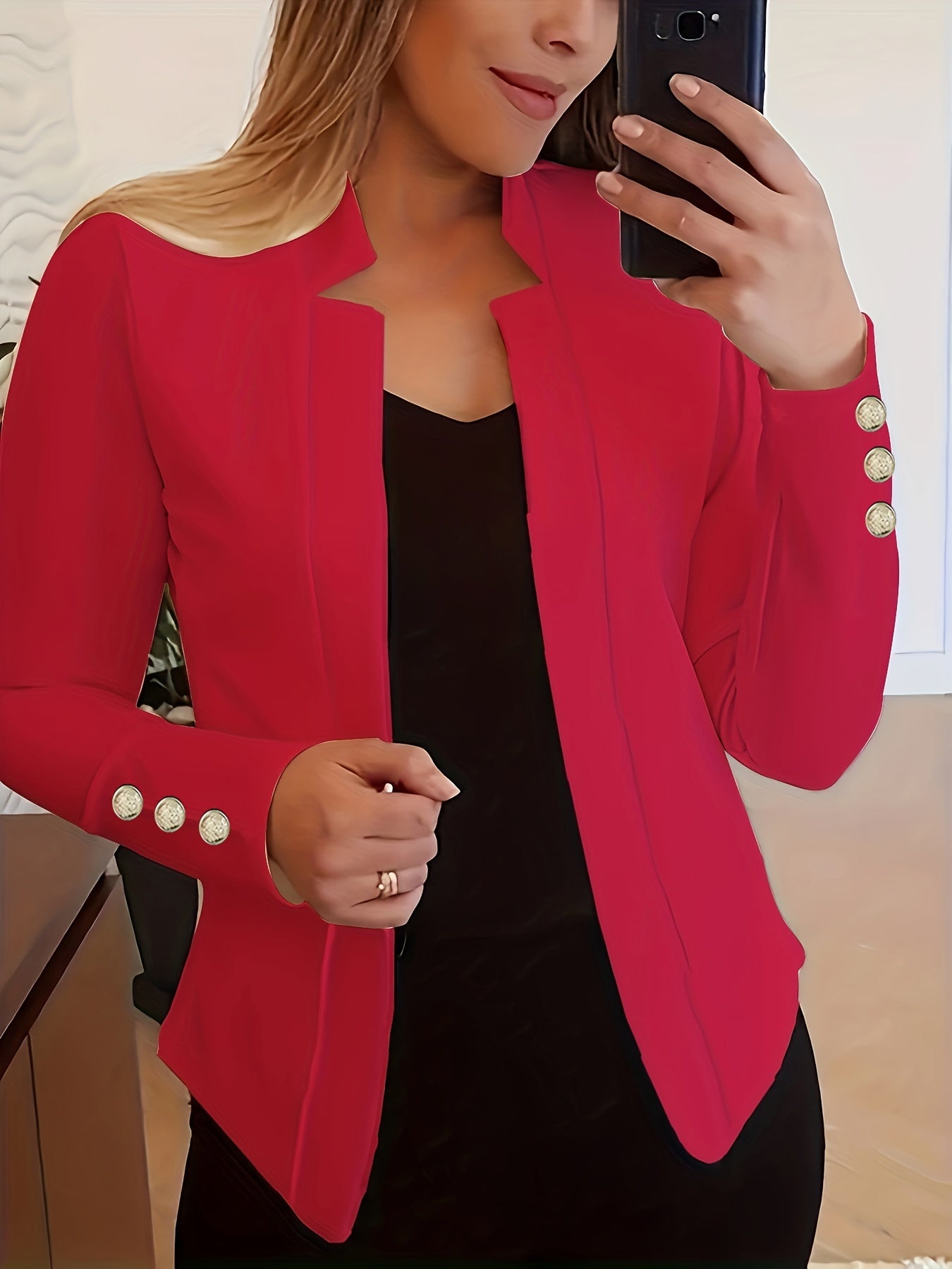 Solid Open Front Blazer, Casual Long Sleeve Button Blazer For Office & Work, Women's Clothing