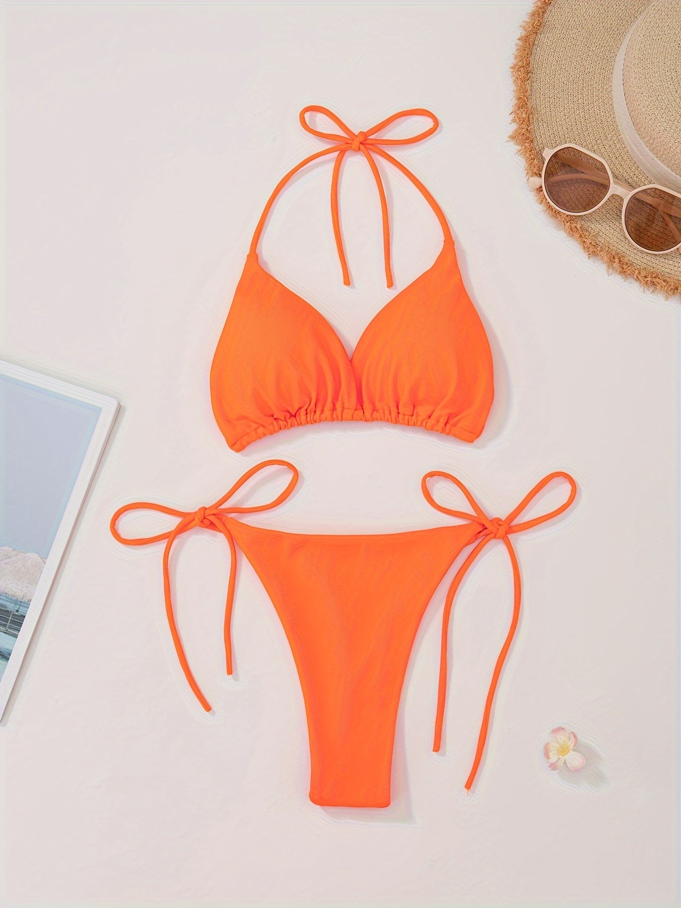 Women'S Sexy Bikini Swimsuit - V-Neck Sleeveless High-Stretch Solid Color with Adjustable Tie-Back Straps, Tummy Control Design for Beach & Pool, Summer Swimwear, Beach Swimwear, Poolside Attire, Sexy Swimwear, Highelasticity Fabric