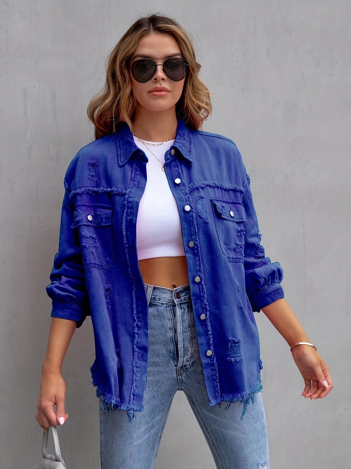 Women'S Plus Size Boho-Chic Denim Jacket with Distressed Details - Light Blue Oversized Button-Up Outerwear, Long Sleeves, Frayed Hem, Casual Style for All Seasons, Casual Outerwear | Frayed Hem Jacket | Frayed Hem Jacket