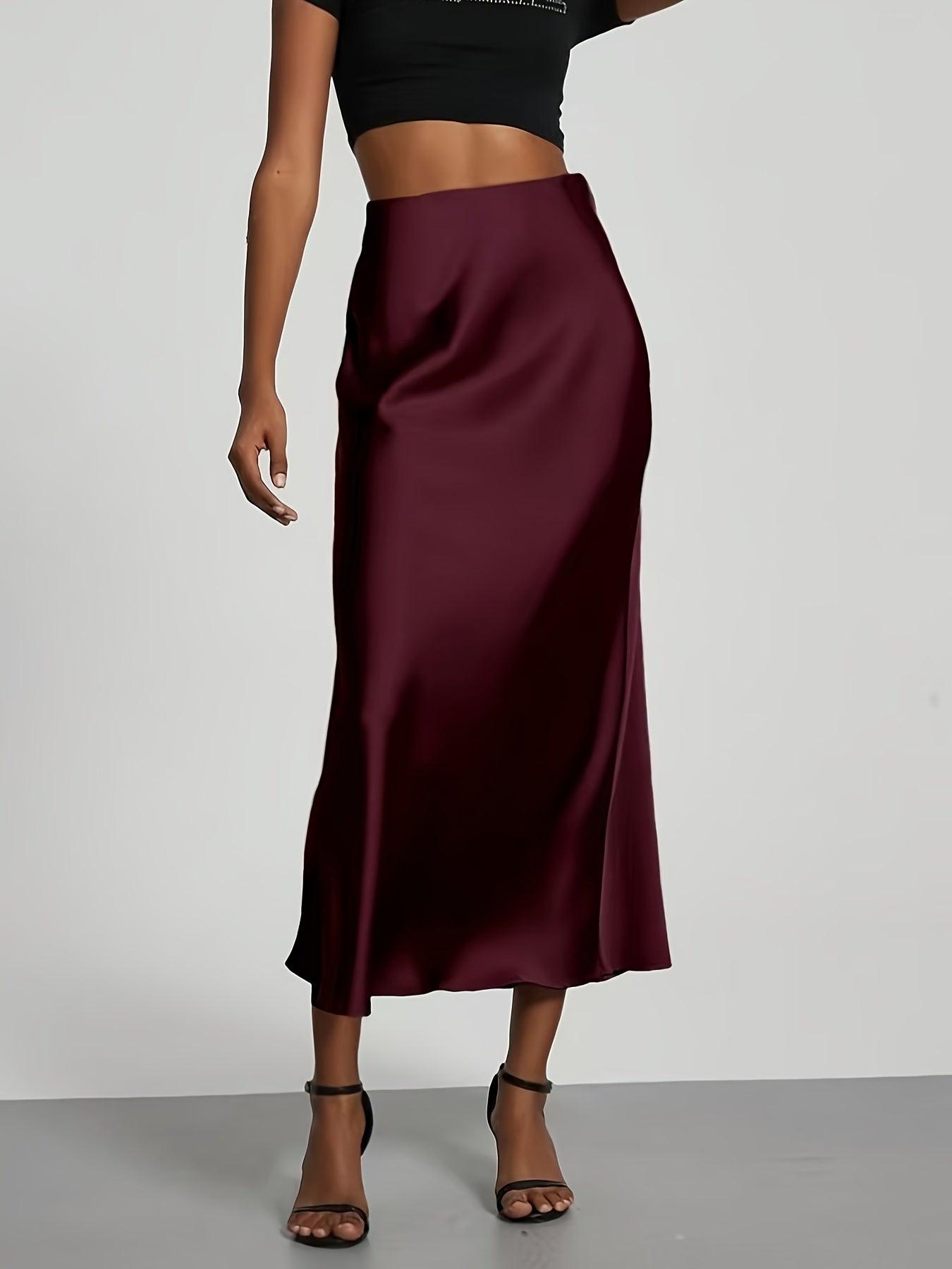 Women's High-Waist Satin Midi Skirt - Elegant Solid Black, Flared Design, Perfect for Dates & Work, All-Season Polyester Skirt, Office Wear Skirt | Flared Skirt Style | Quality Construction