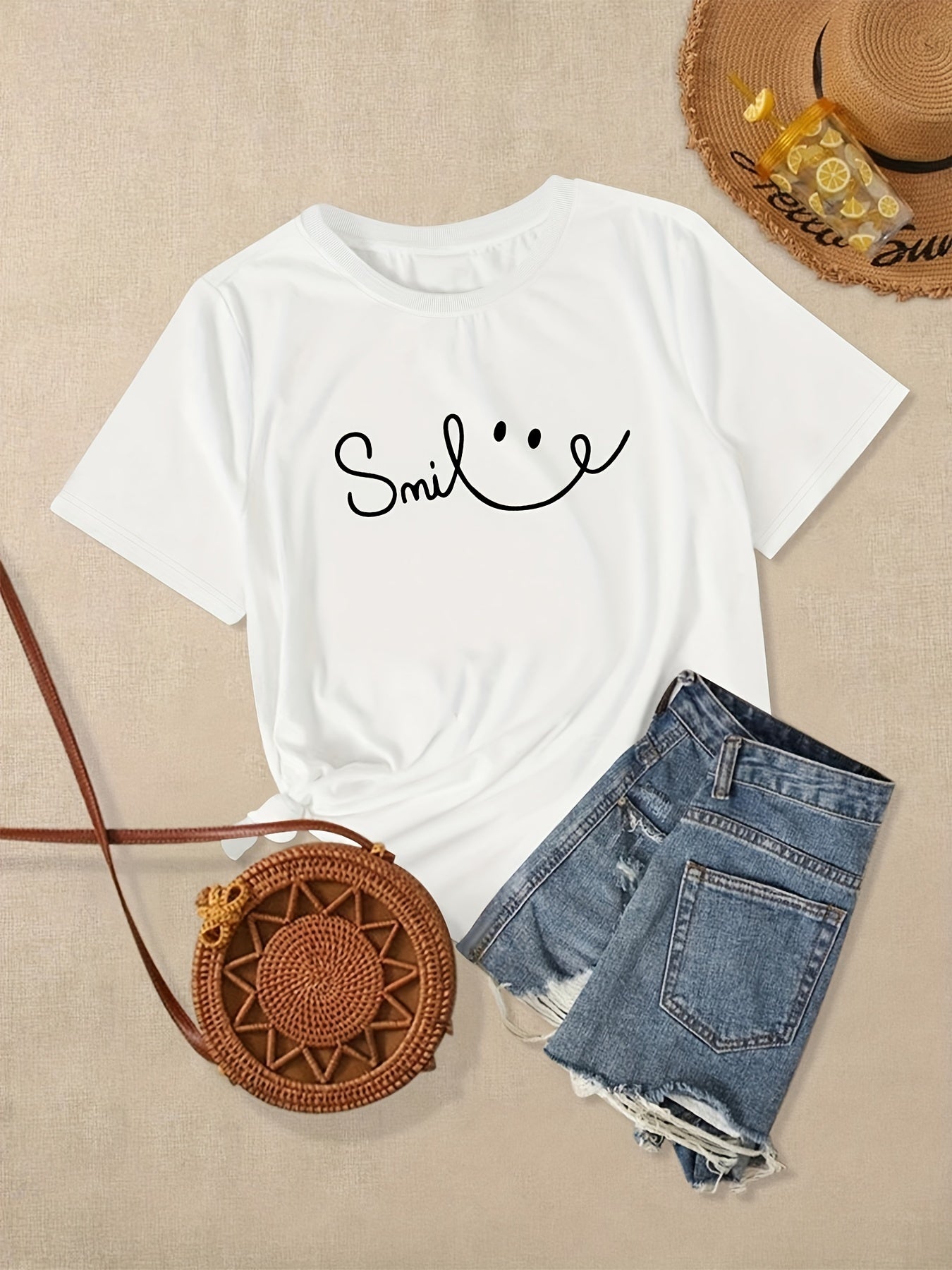 Plus Size Face Print Short Sleeve T-shirt, Women's Plus Slight Stretch Round Neck Casual Tee