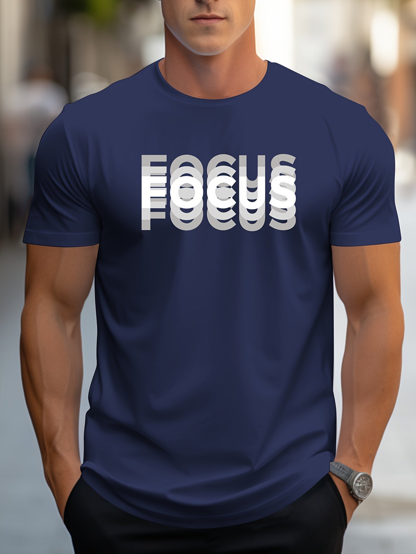 Unisex Trendy Letter Print Crew Neck T-Shirt, A Must-Have for Style Enthusiasts! Gradient FOCUS Design, Ultra Stylish & Streetwear-Inspired! Minimalist yet Versatile!