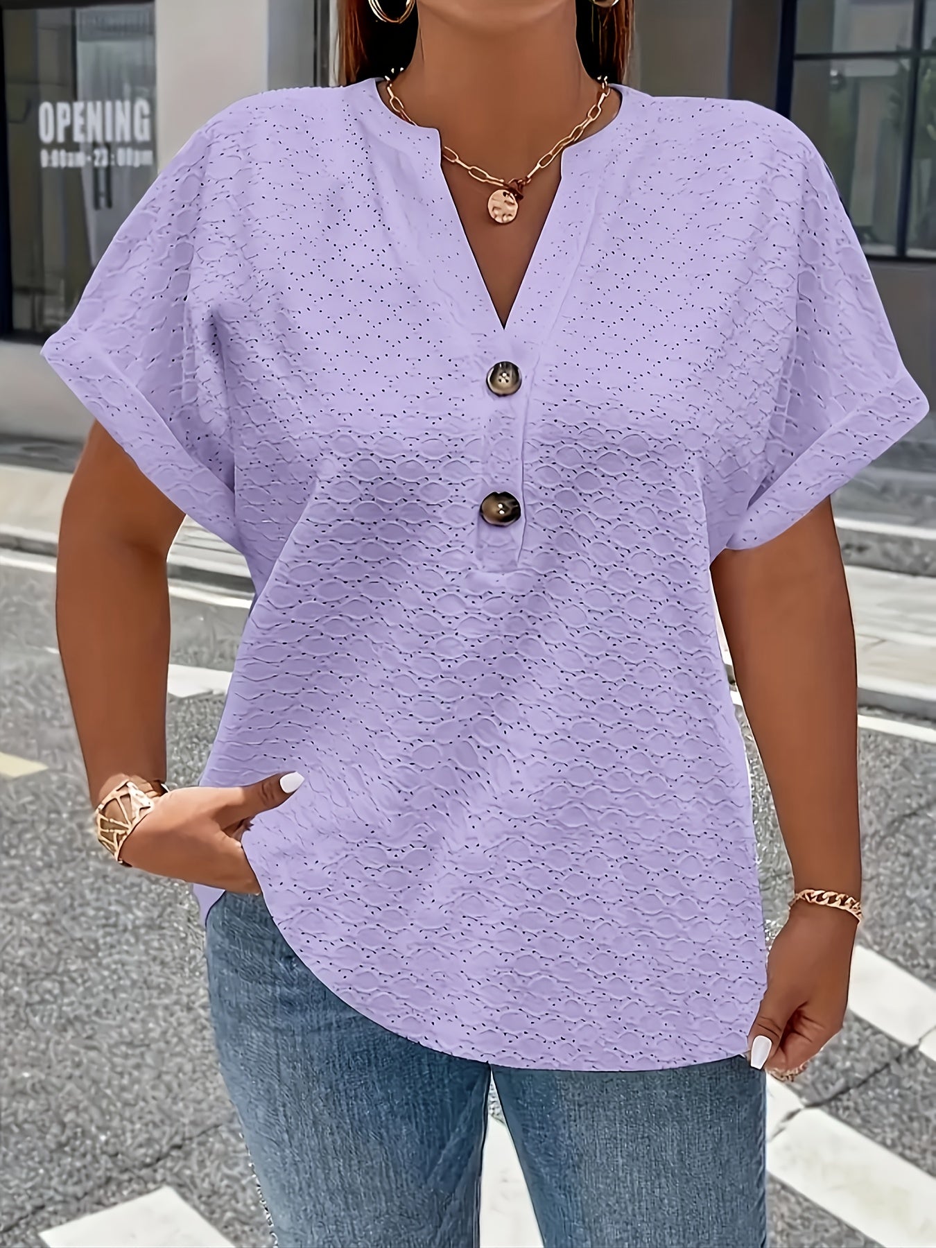 Women'S Light Green V-Neck Blouse with Button Details - Casual Short Sleeve Top for Spring/Summer, Soft Polyester Fabric, Elegant Solid Color Design, Versatile Blouse | Vneck Blouse | Elastane Comfort Fit