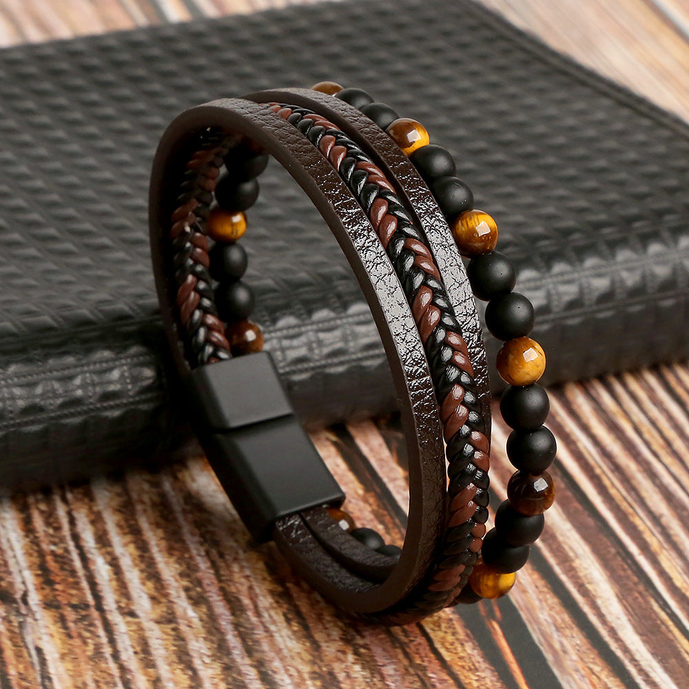1pc Fashion Layered Handmade Braided PU Leather Bracelet, Tiger Eyestone Beaded Bracelet, Characteristic Punk Bracelet, Father's Day Gift