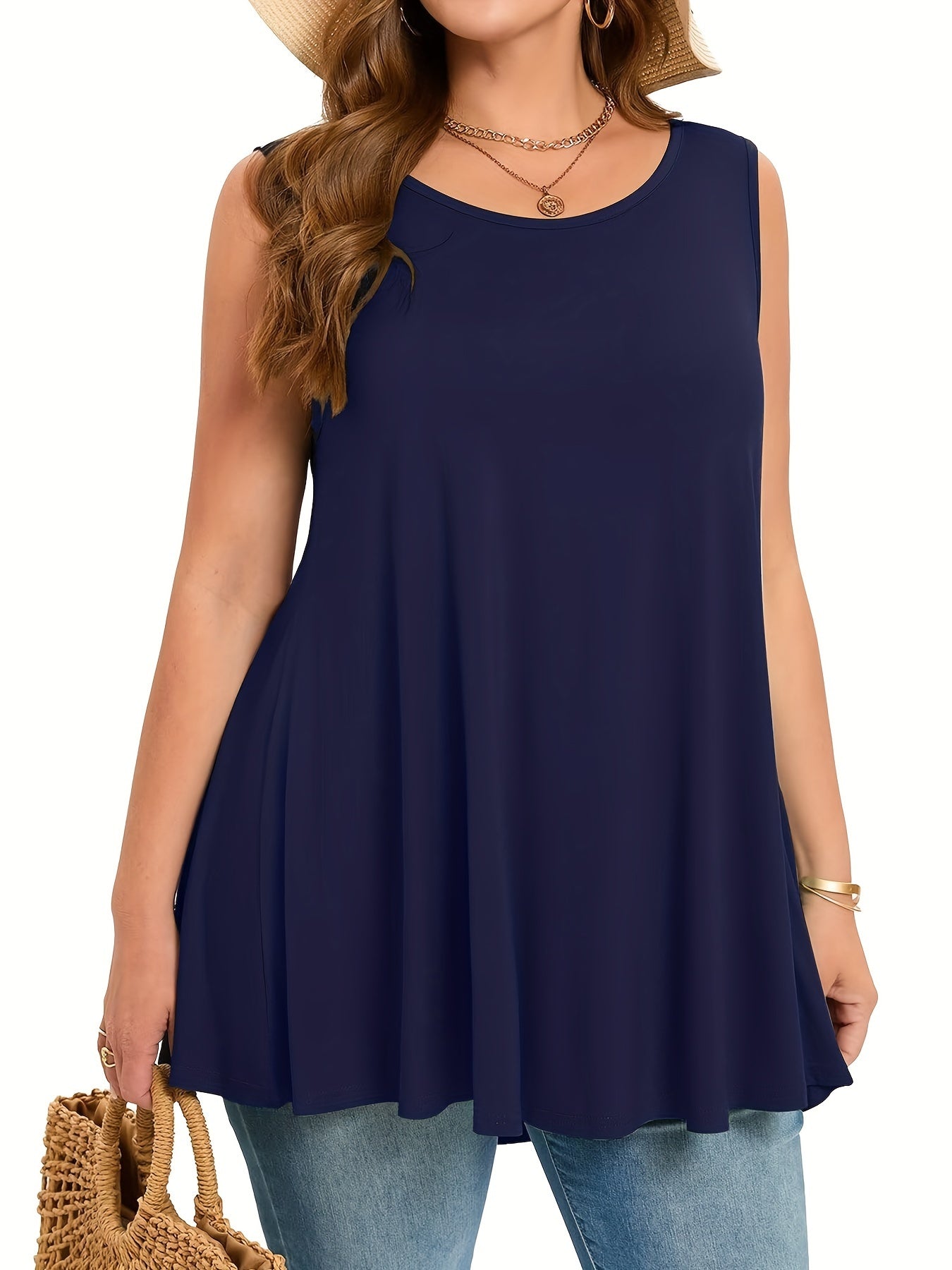 Plus Size Women's Stretchy Sleeveless Round Neck Tank Top - Solid Color Casual Vacation Wear, Machine Washable Spring/Summer Tops, Ladies Tank Tops, Summer Plus Top, Flowy Fabric Top, Nontransparent Fabric, Travel Clothing, Relaxed Fit, Breathable Materia