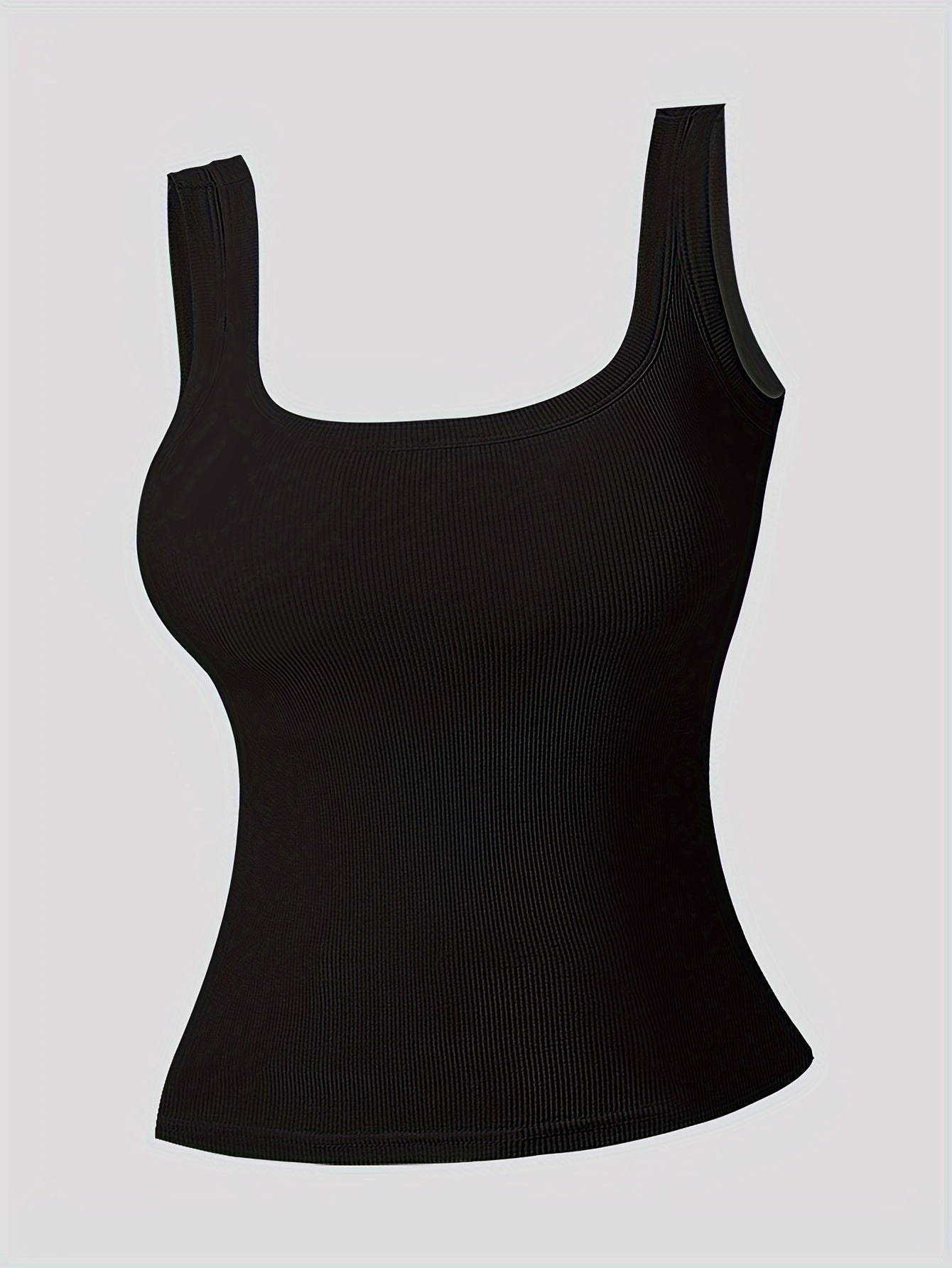 Simple Solid Square Neck Tank Top, All-match Ribbed Vest Top With Removable Chest Pad, Women's Lingerie & Underwear