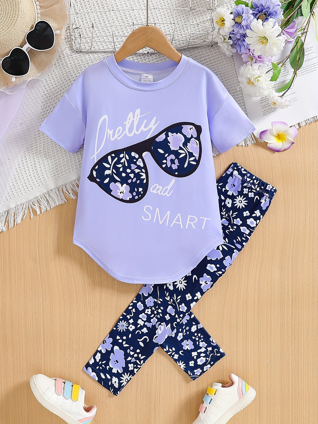 2pcs Girls' Clothing Party Slogan Large Glasses Print Pattern Drop Shoulder Irregular Hem Design Loose Short Sleeve T-Shirt + Floral Print Skinny Nine-Tenths Bottoms Set Girls' Summer Outfit Holiday Gift Girls' Fashion Casual Kids Suitable for Outdoors, P
