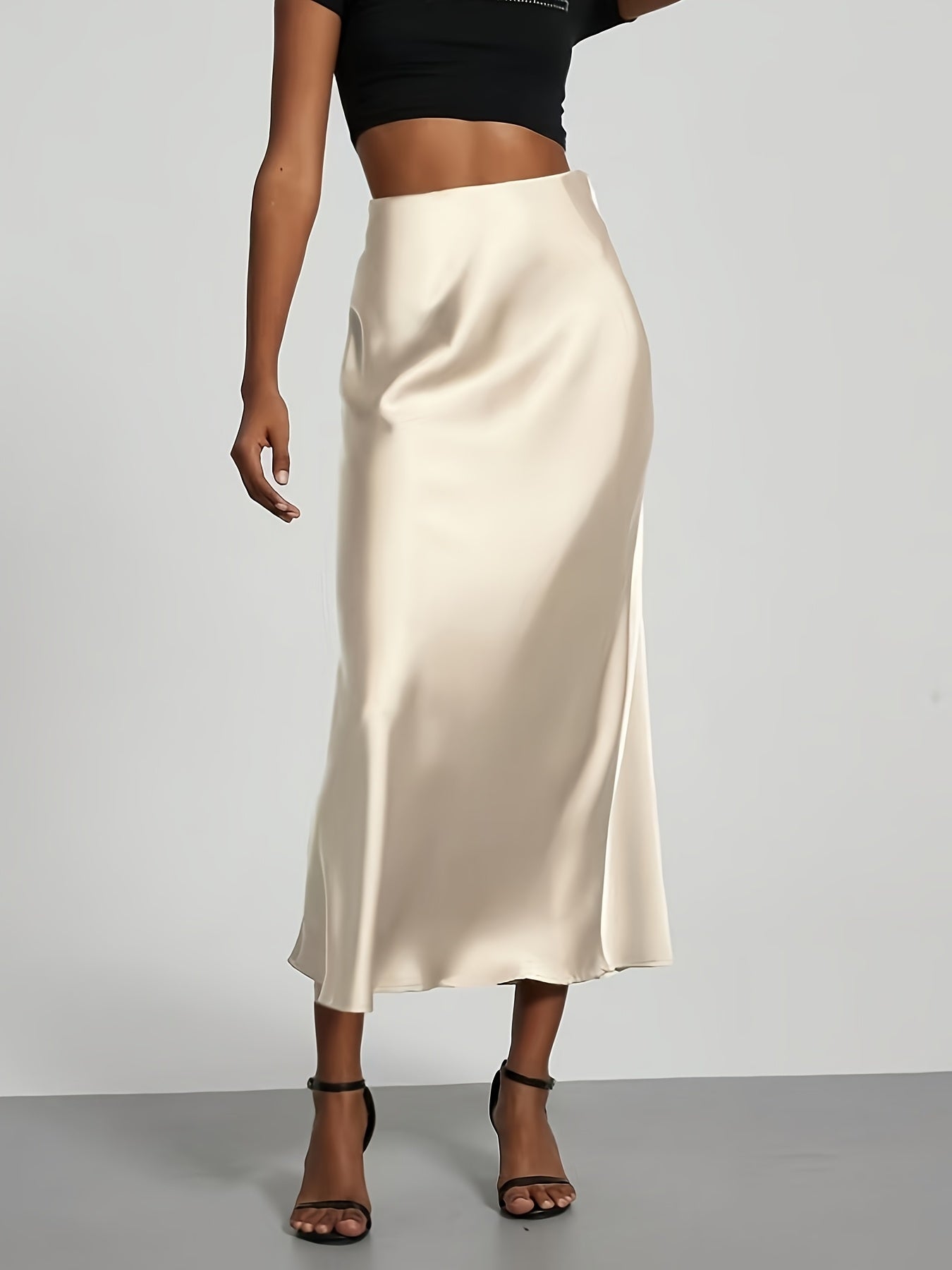 Women's High-Waist Satin Midi Skirt - Elegant Solid Black, Flared Design, Perfect for Dates & Work, All-Season Polyester Skirt, Office Wear Skirt | Flared Skirt Style | Quality Construction