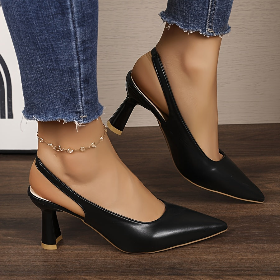 Women's Elegant Pointed-Toe High-Heel Mules - Glossy White Faux Cover Upper with Back Strap & Low-Top Design, All-Season Versatile Dress Shoes for Work, Office, Formal Events - Comfortable & Durable Rubber Sole, Hand Washable, Minimalist Chic Style, Sharp