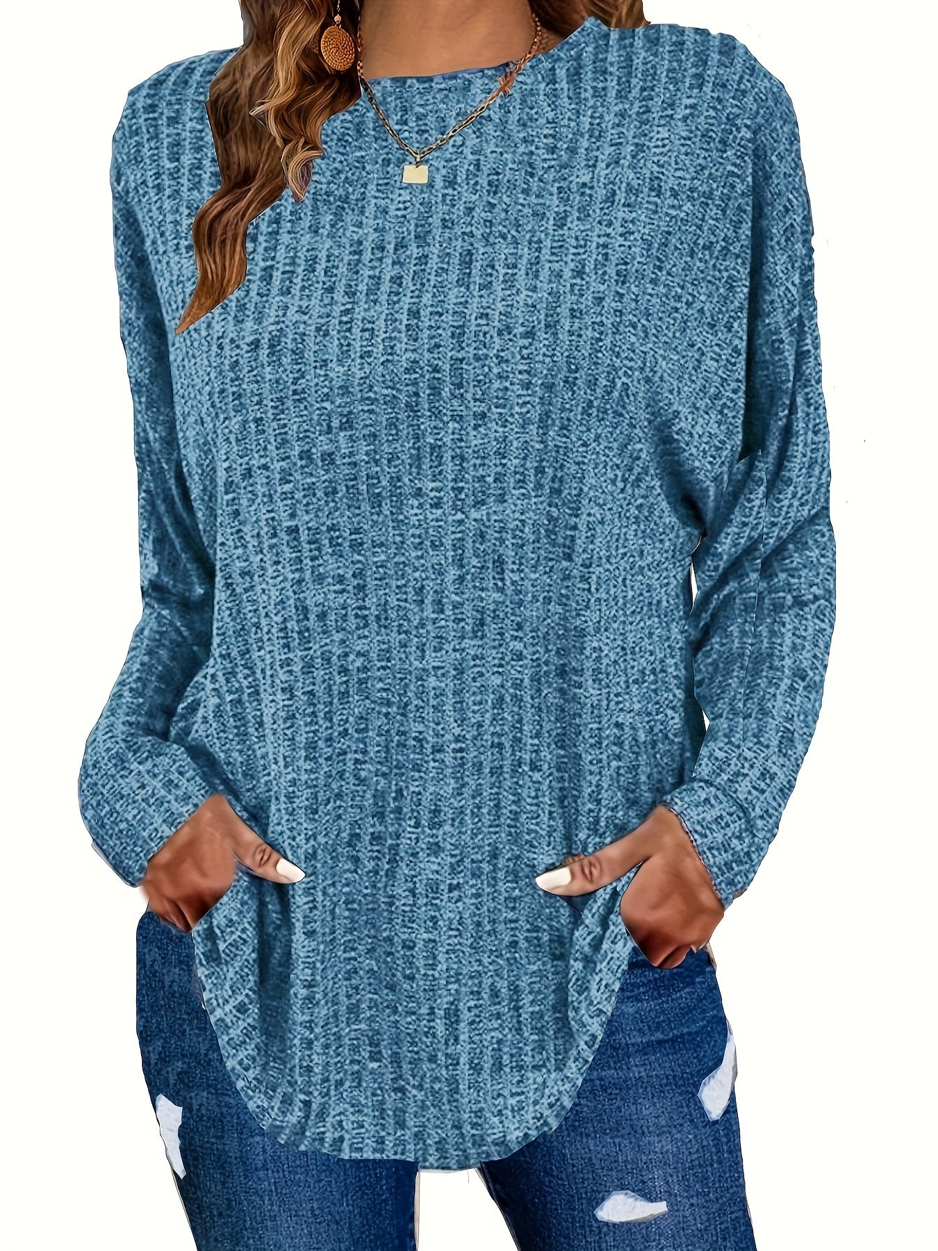 Women's Plus Size Casual Pullover Sweater - Solid Color Drop Shoulder Long Sleeve Round Neck Top, Medium Stretch Cozy Fall Winter Layering Essential, Relaxed Fit for Casual Attire, Sweater, Mediumstretch Fabric