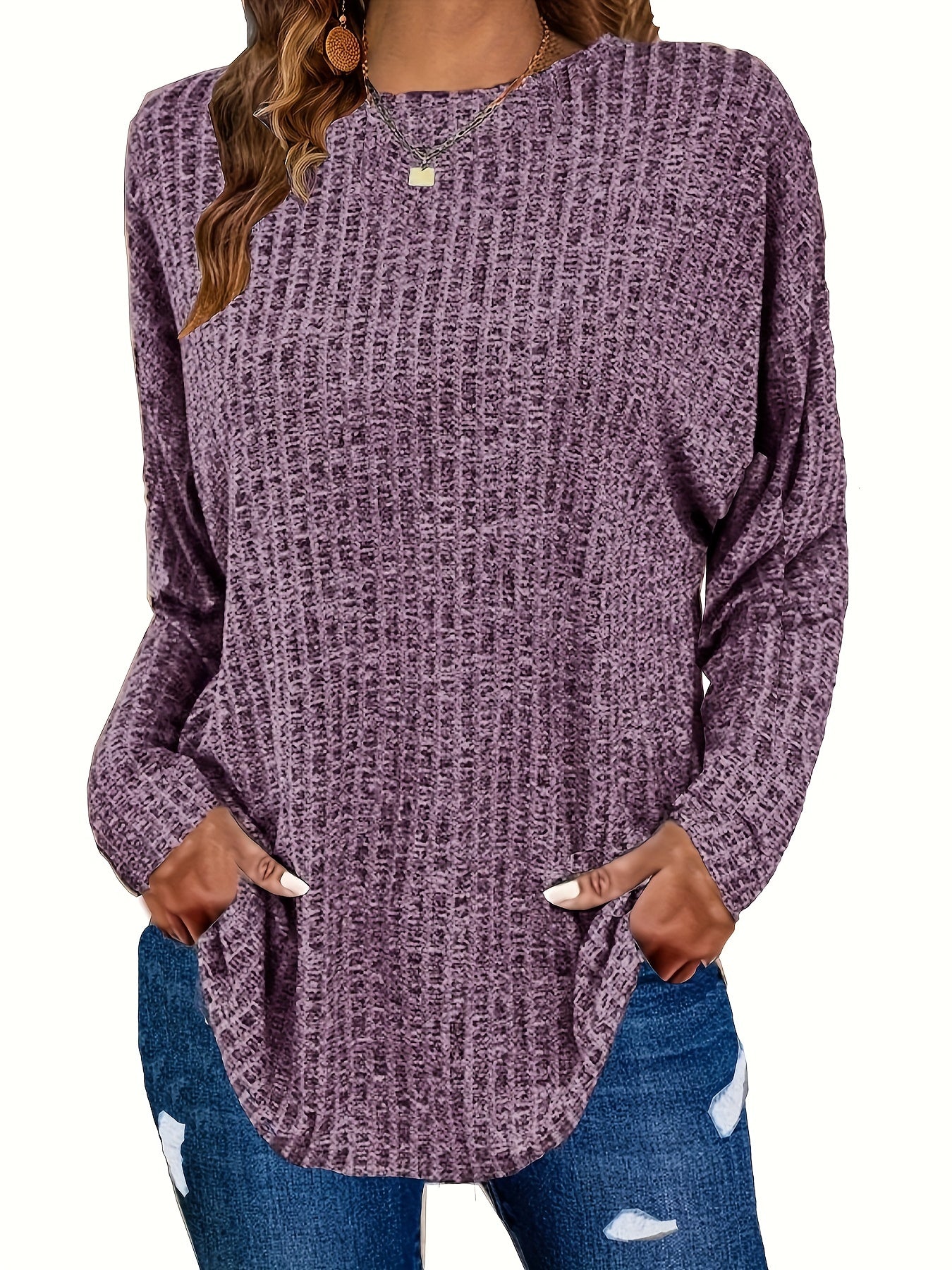 Women's Plus Size Casual Pullover Sweater - Solid Color Drop Shoulder Long Sleeve Round Neck Top, Medium Stretch Cozy Fall Winter Layering Essential, Relaxed Fit for Casual Attire, Sweater, Mediumstretch Fabric