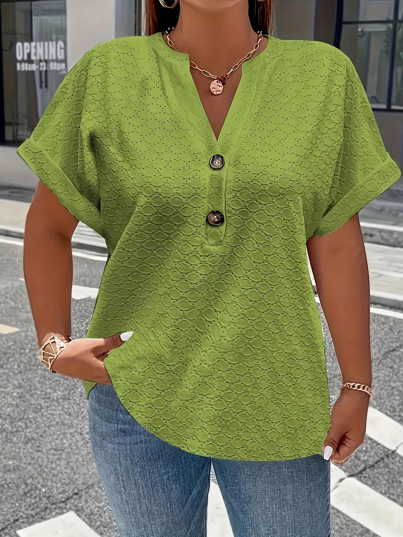 Women'S Light Green V-Neck Blouse with Button Details - Casual Short Sleeve Top for Spring/Summer, Soft Polyester Fabric, Elegant Solid Color Design, Versatile Blouse | Vneck Blouse | Elastane Comfort Fit