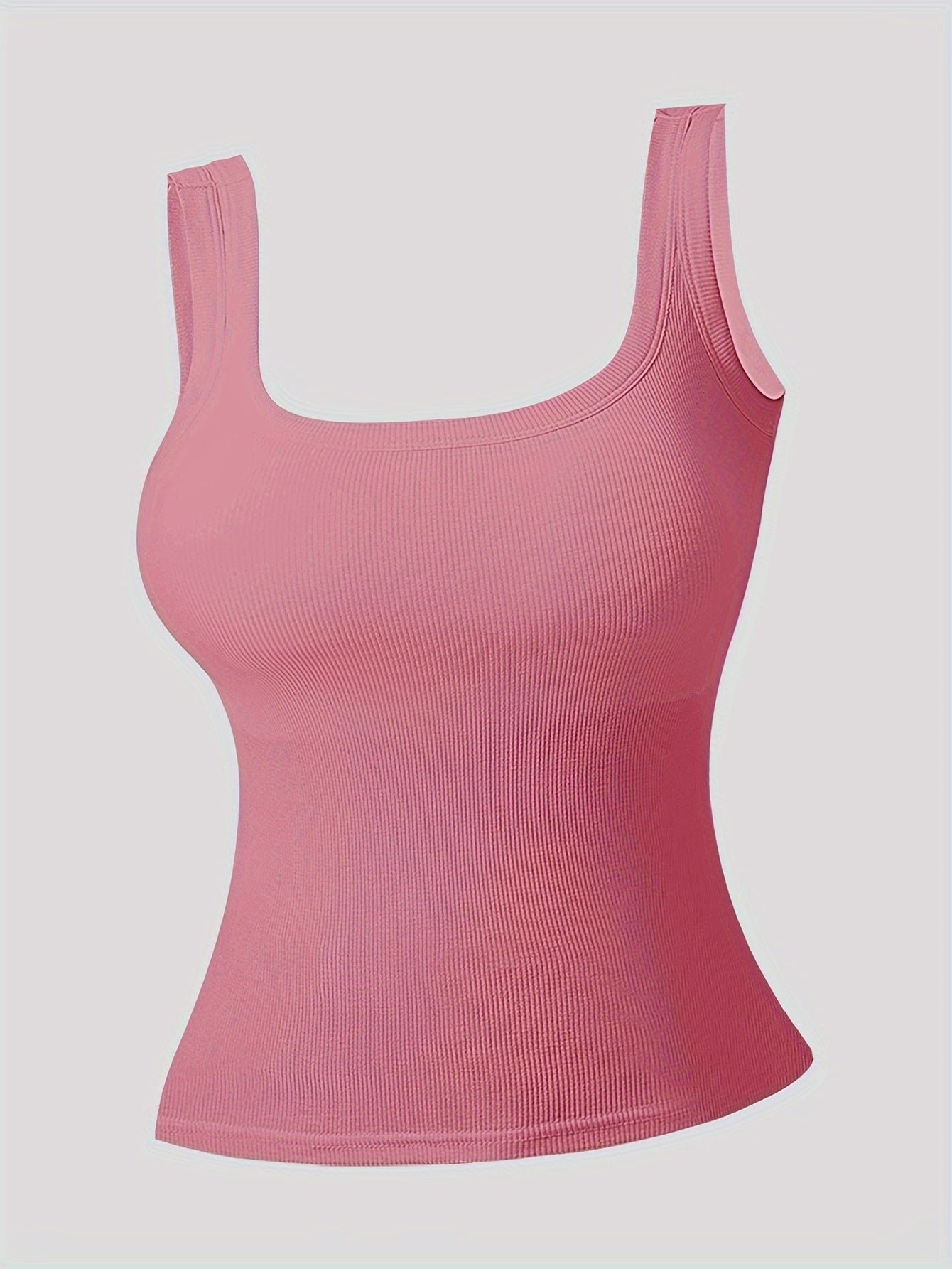 Simple Solid Square Neck Tank Top, All-match Ribbed Vest Top With Removable Chest Pad, Women's Lingerie & Underwear