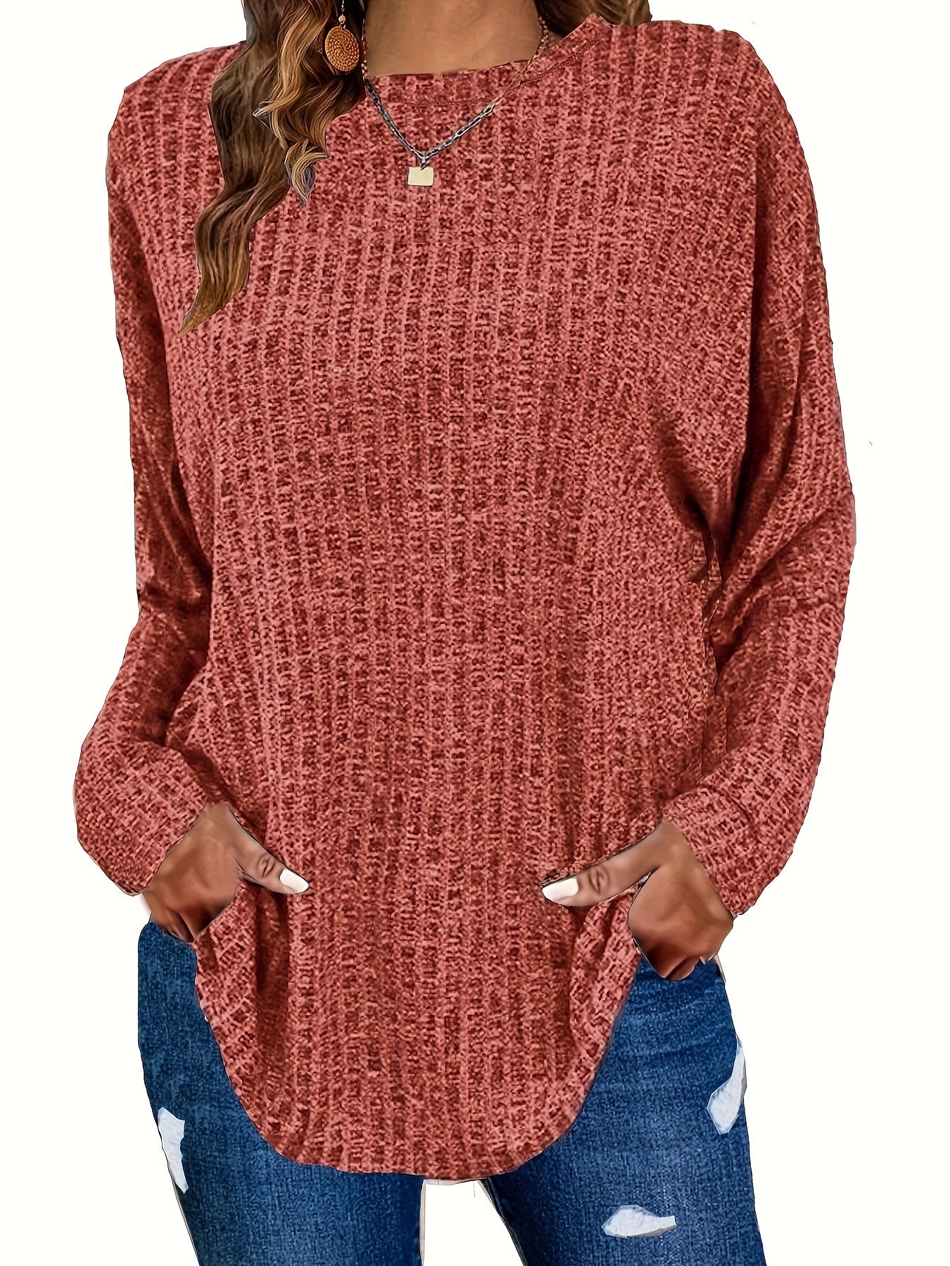 Women's Plus Size Casual Pullover Sweater - Solid Color Drop Shoulder Long Sleeve Round Neck Top, Medium Stretch Cozy Fall Winter Layering Essential, Relaxed Fit for Casual Attire, Sweater, Mediumstretch Fabric