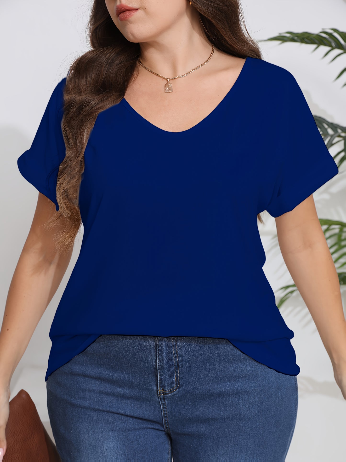 Plus Size, Plus Size Women's Elegant V-Neck T-Shirt - Soft Semi-Sheer Fabric, Vibrant Red, Machine Washable, Spring Summer Fall Casual Top, Ladies T Shirts, Seasonal Fashion, Sophisticated Casual, Comfortable Fit