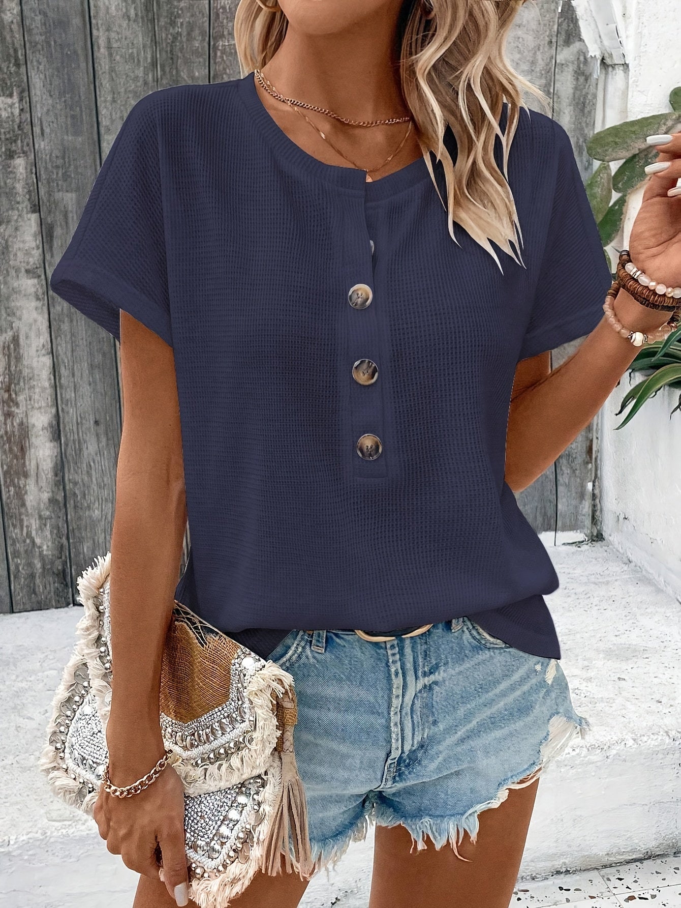 Solid Color Henley Neck T-Shirt, Casual Short Sleeve T-Shirt For Spring & Summer, Women's Clothing