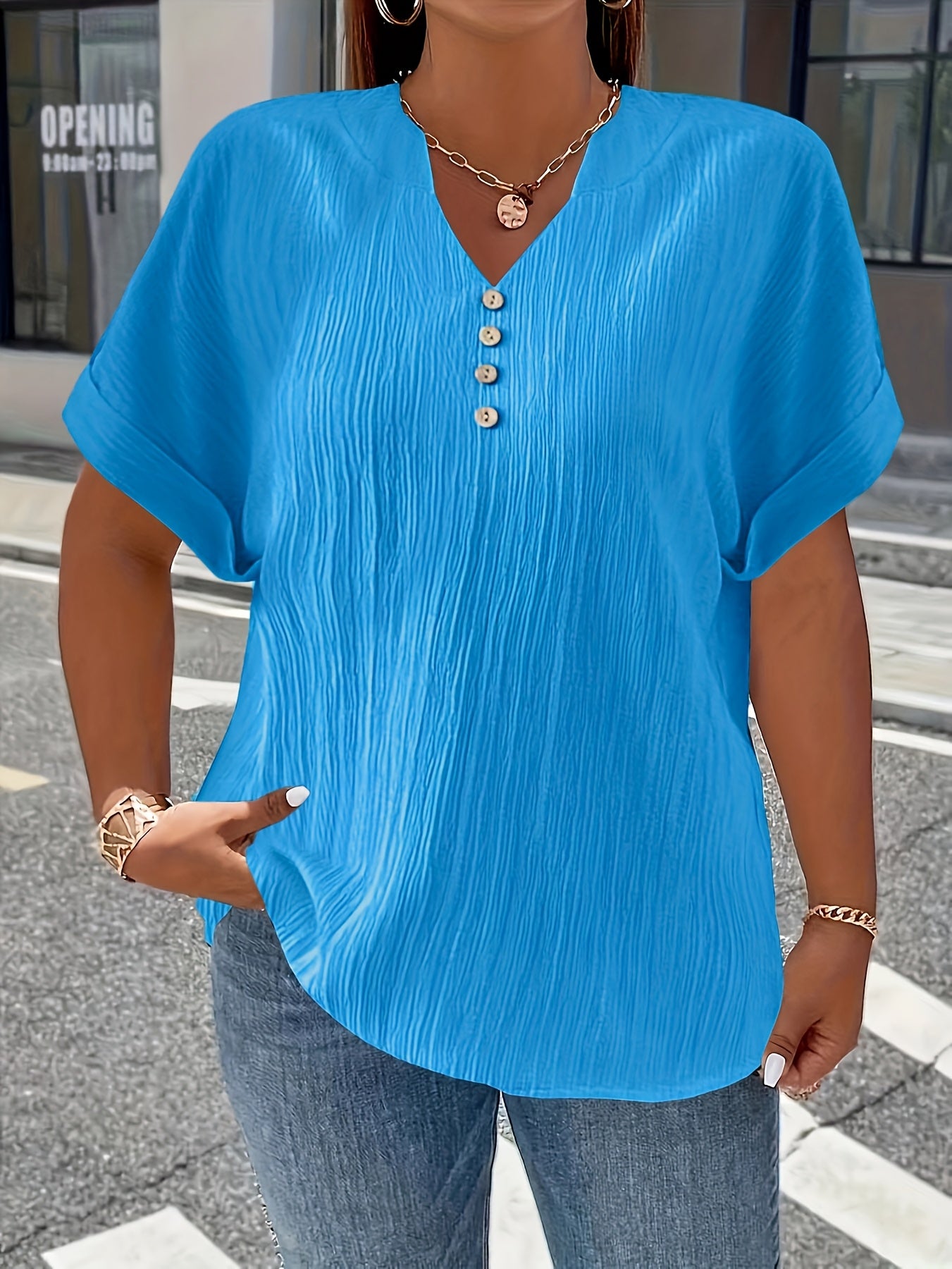 Plus Size, Women's Plus Size New European and American Spring/Summer Short Sleeve Button Solid Color Elegant Casual T-Shirt