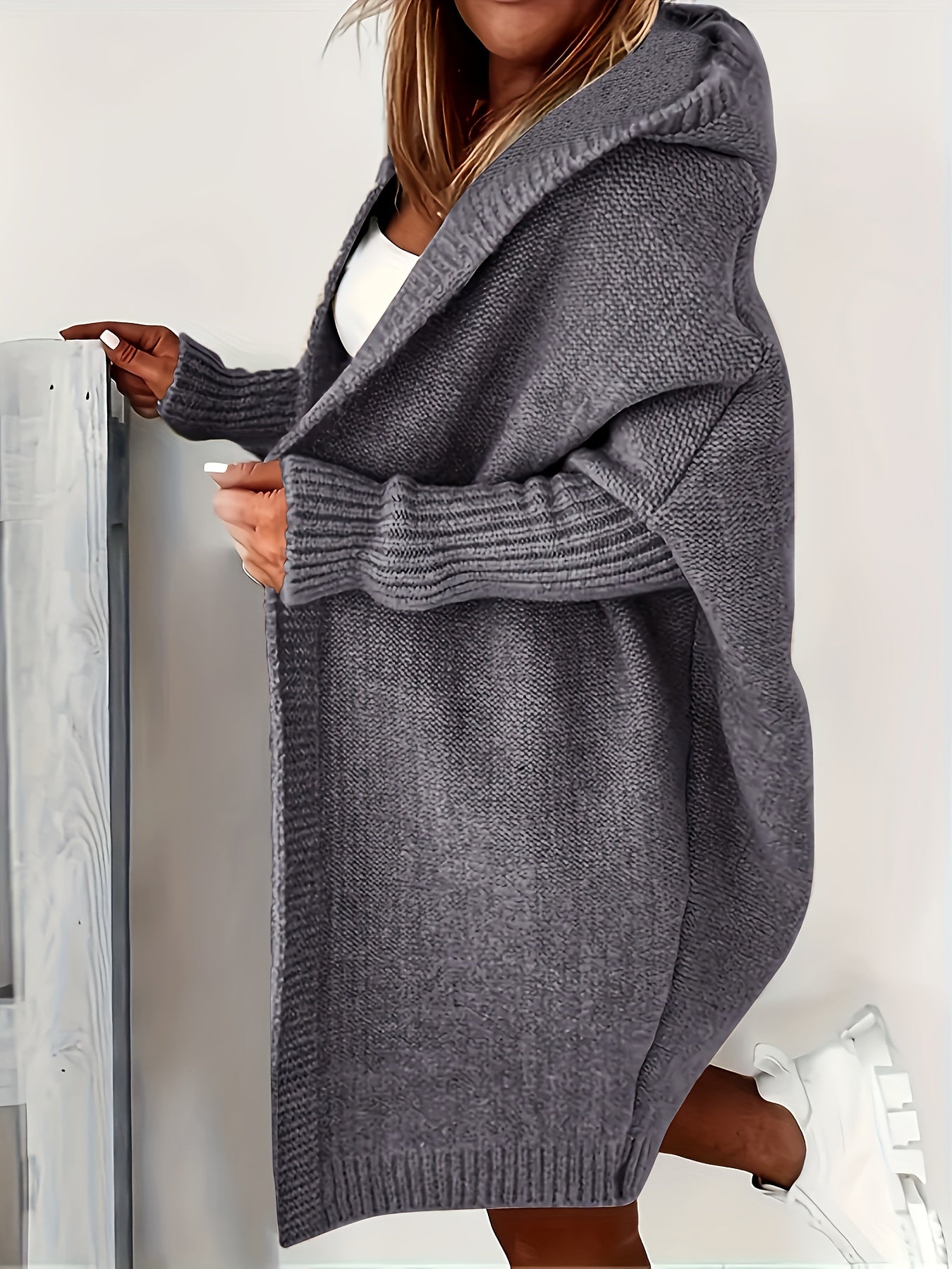 Women's Plus-Size Casual Open-Front Cardigan - Soft Grey Buttonless Sweater for Spring/Fall, Lightweight Layering Piece with Open Front Design, Cardigan Sweater, Spring Fall Wear, Ribbed Edge Detailing, Textured Knitwear, Transitional Season Wear, Comfort